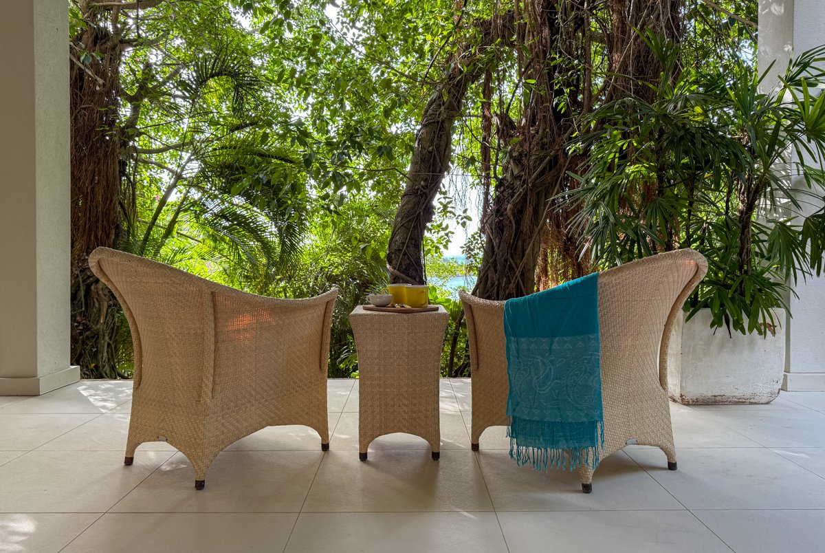 Two wicker chairs with a small table between them on a porch, overlooking lush green trees and plants.