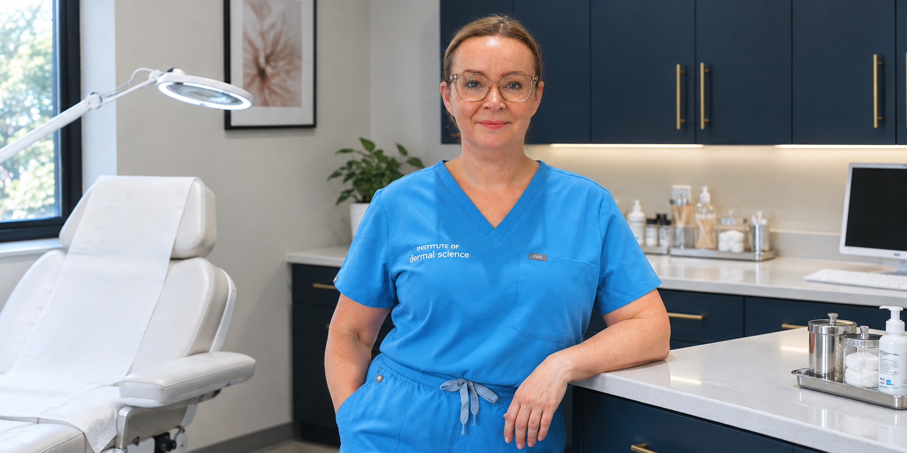 A female healthcare professional in blue scrubs standing in a medical office or clinic, with a treatment bed, medical equipment, and clinical supplies visible in the background.