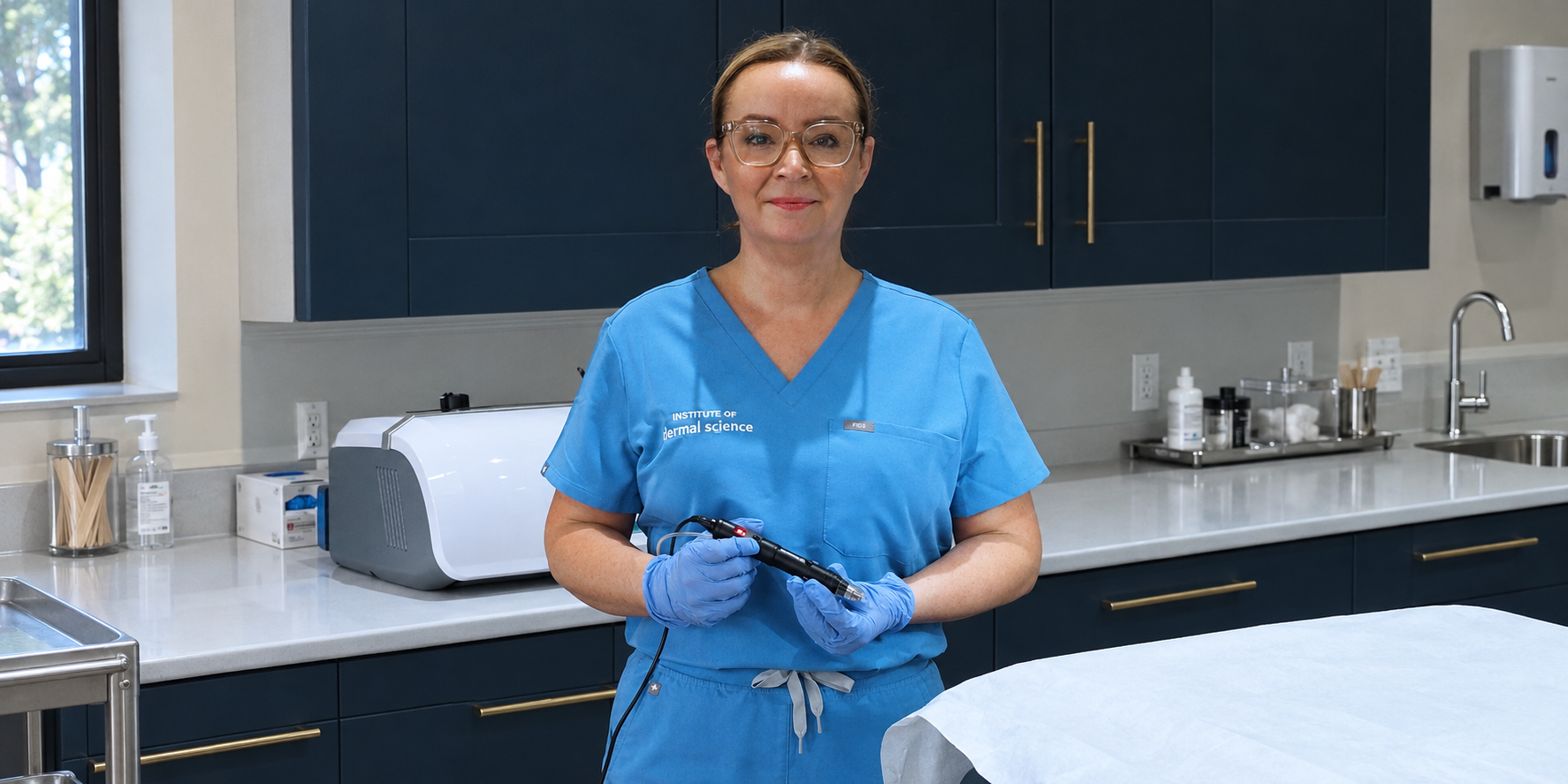 A woman in blue medical scrubs and glasses standing in a clinical setting, holding a medical or cosmetic instrument, with a counter and medical supplies in the background.