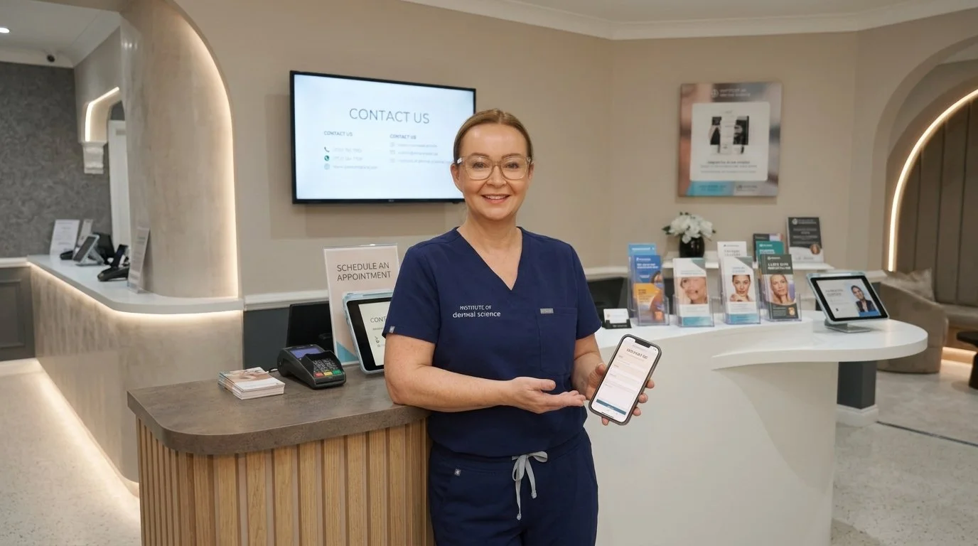 A woman in navy scrubs stands at a reception desk in a medical or dental office, smiling and holding a smartphone. The background features a TV screen displaying contact information, brochures on the counter, and a tablet for appointments.