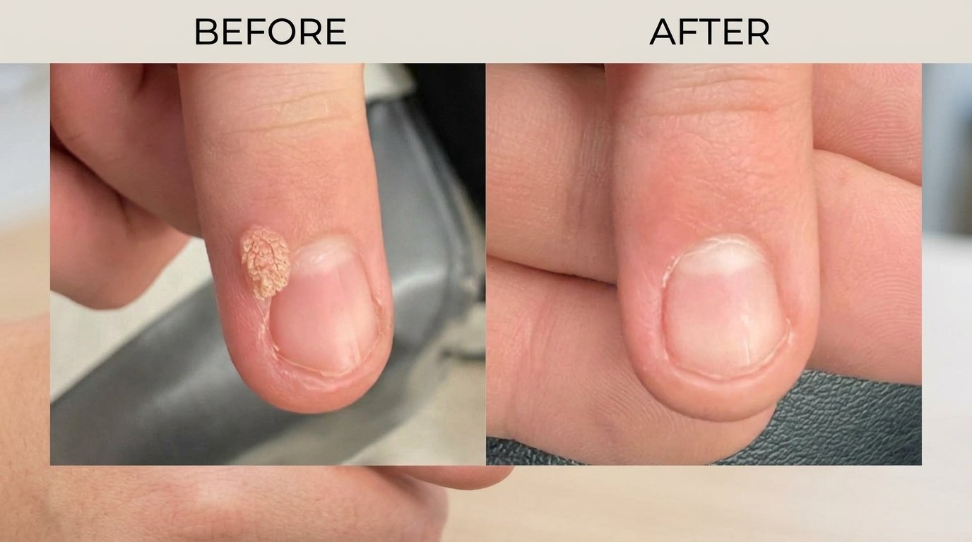 Before and after images of a wart on finger.