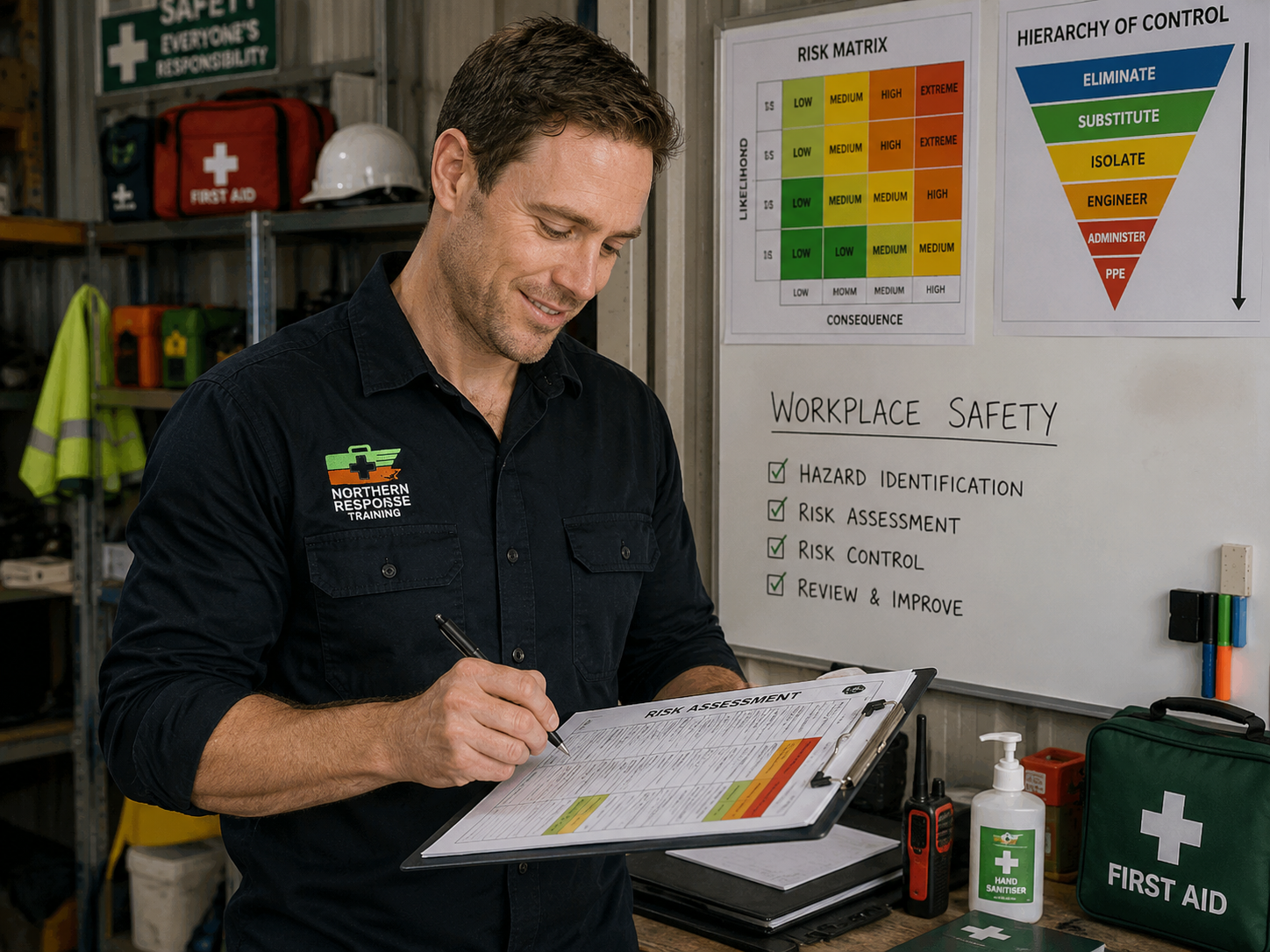 A man in a black uniform with a Northern Response Training logo is filling out a risk assessment on a clipboard in a workplace setting. Behind him, there is a whiteboard with workplace safety information and charts, and various safety equipment including a first aid kit, hand sanitizer, and a walkie-talkie on a table.