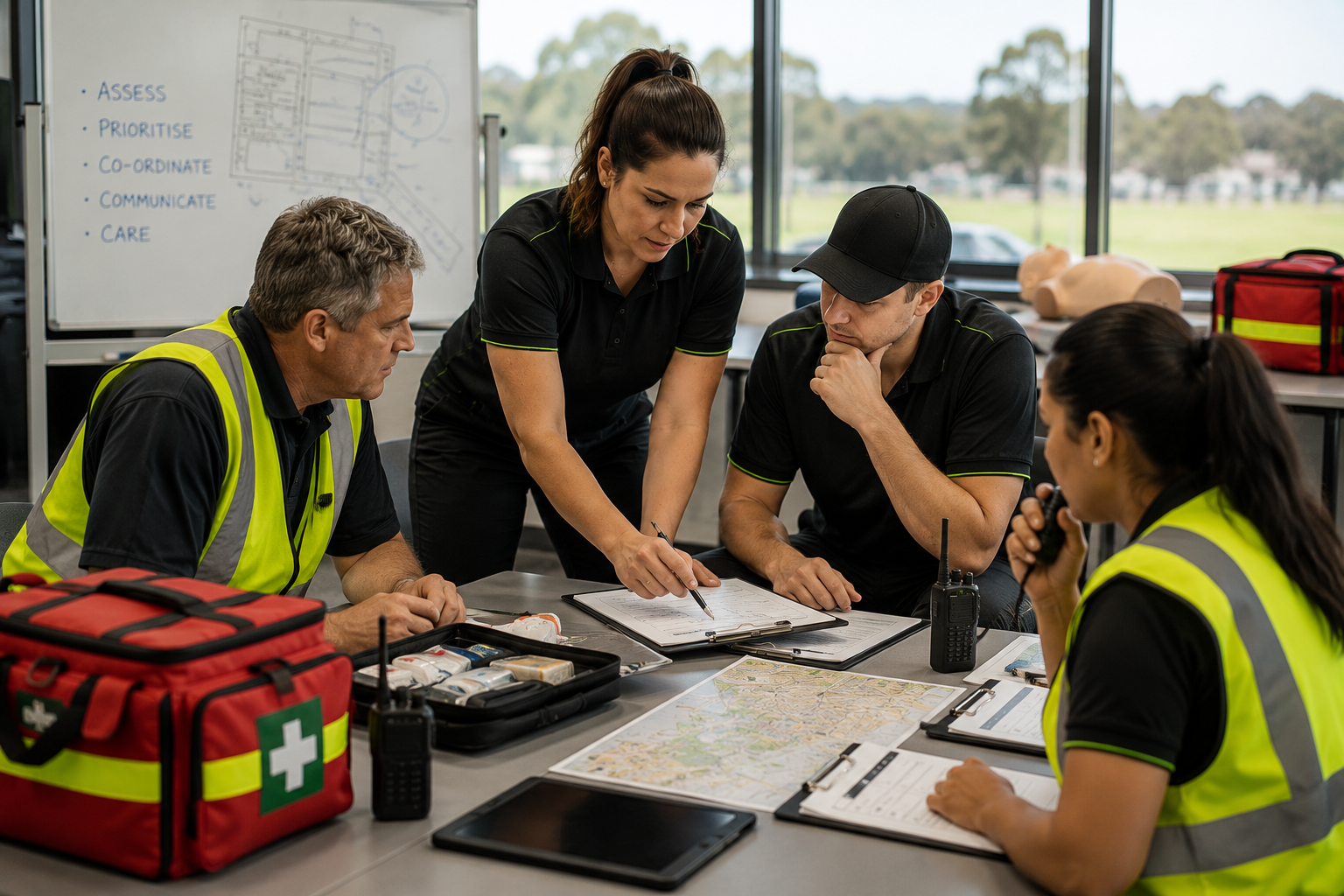 Emergency response team meeting indoors with a whiteboard, medical supplies, radios, maps, and documentation, with four individuals actively engaged in planning or discussion.