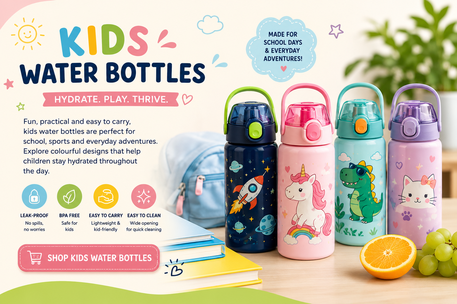 Four colorful kids water bottles with space, unicorn, dinosaur, and cat designs placed on a wooden table with a halved orange and grapes beside them, and a blue backpack and books in the background.