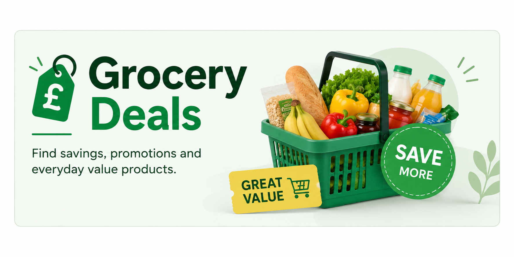 A promotional banner showcasing weekly grocery deals, featuring a green shopping basket filled with vegetables, fruits, and groceries, along with text advertising savings and promotions.