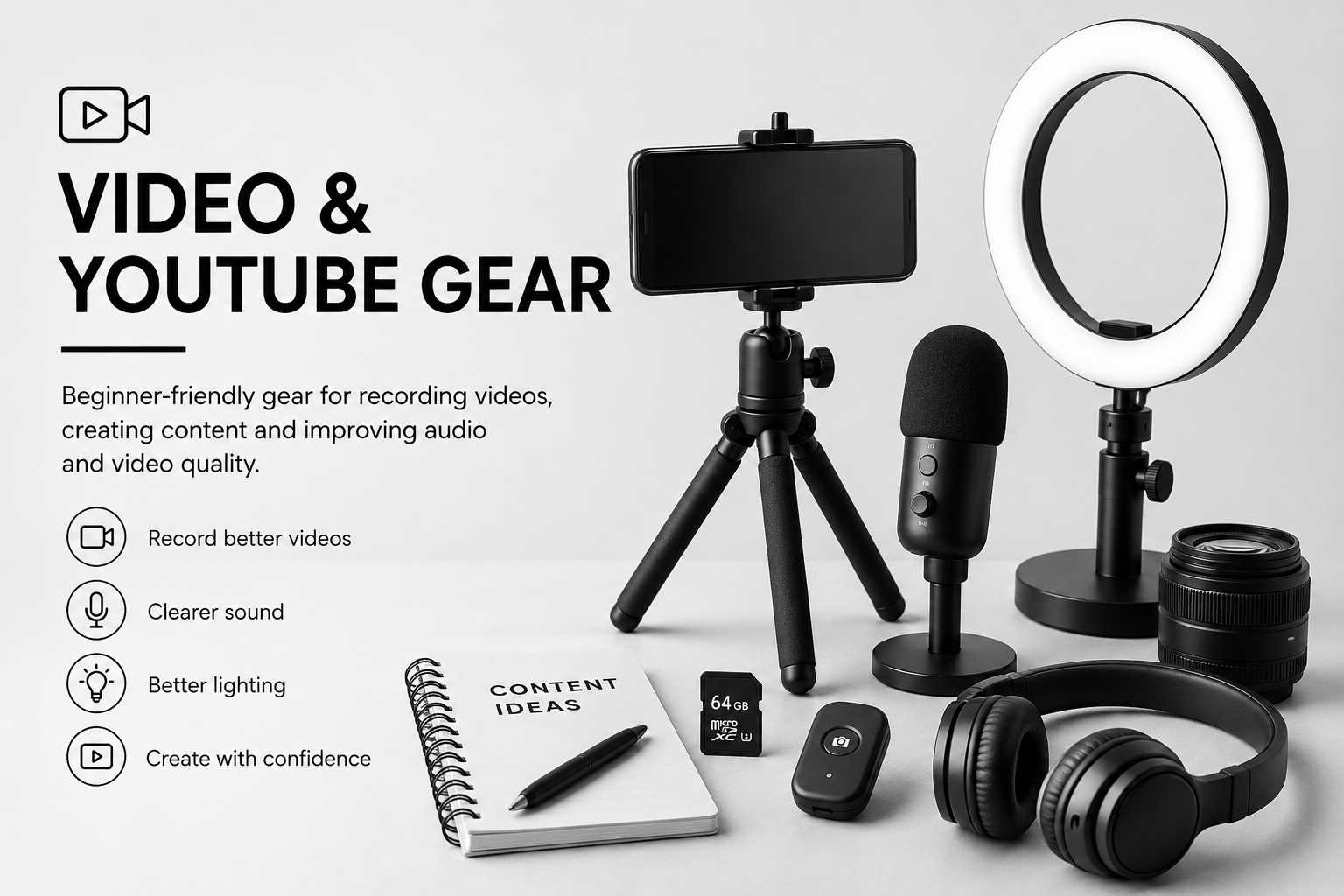 Video and YouTube gear including ring light, tripod, microphone and headphones.