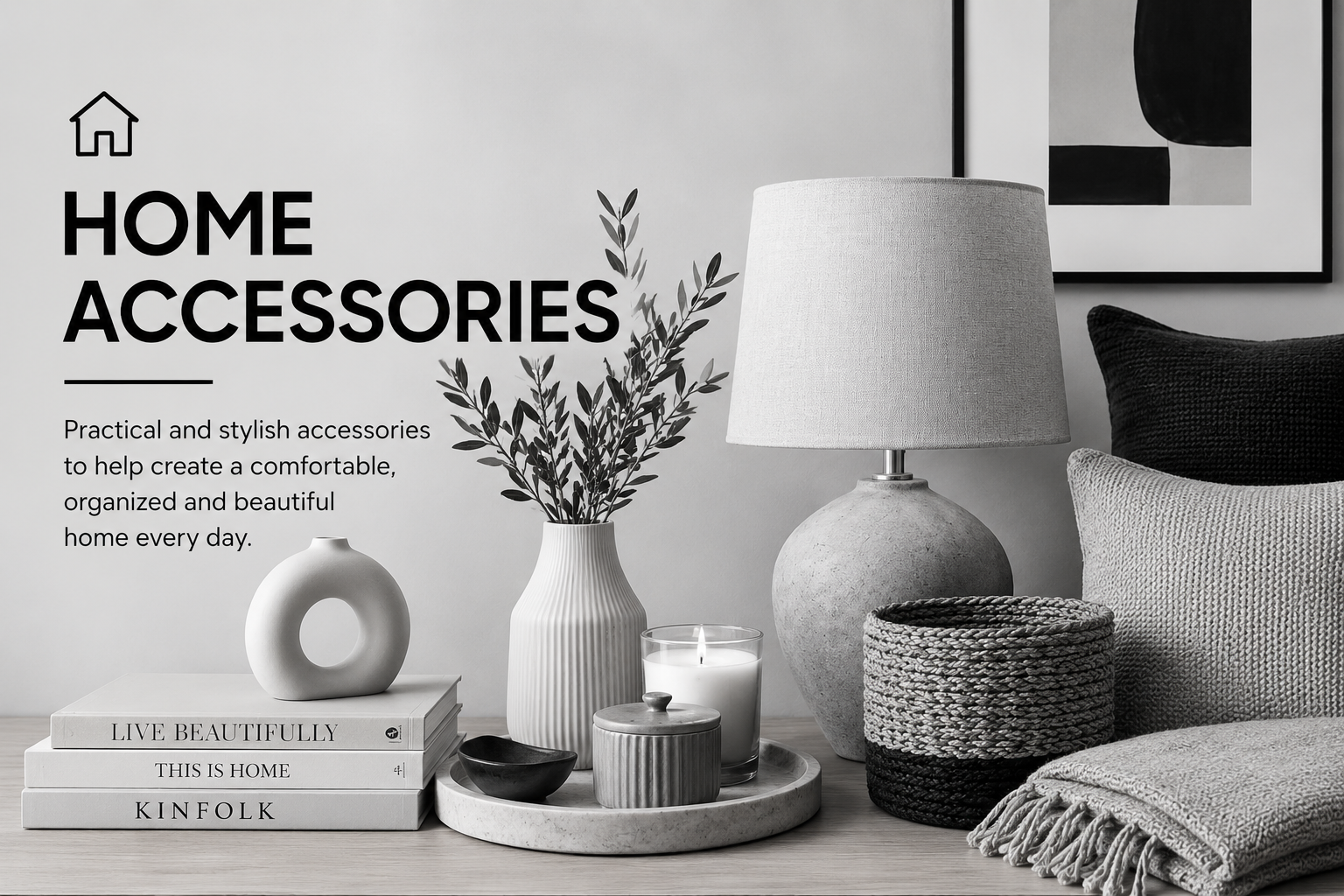 Modern home accessories including candles, books, cushions, a basket and a lamp.