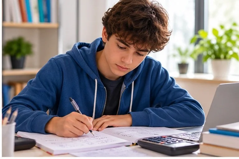 Teenage student writing mathematics notes at a desk with a calculator and laptop.
