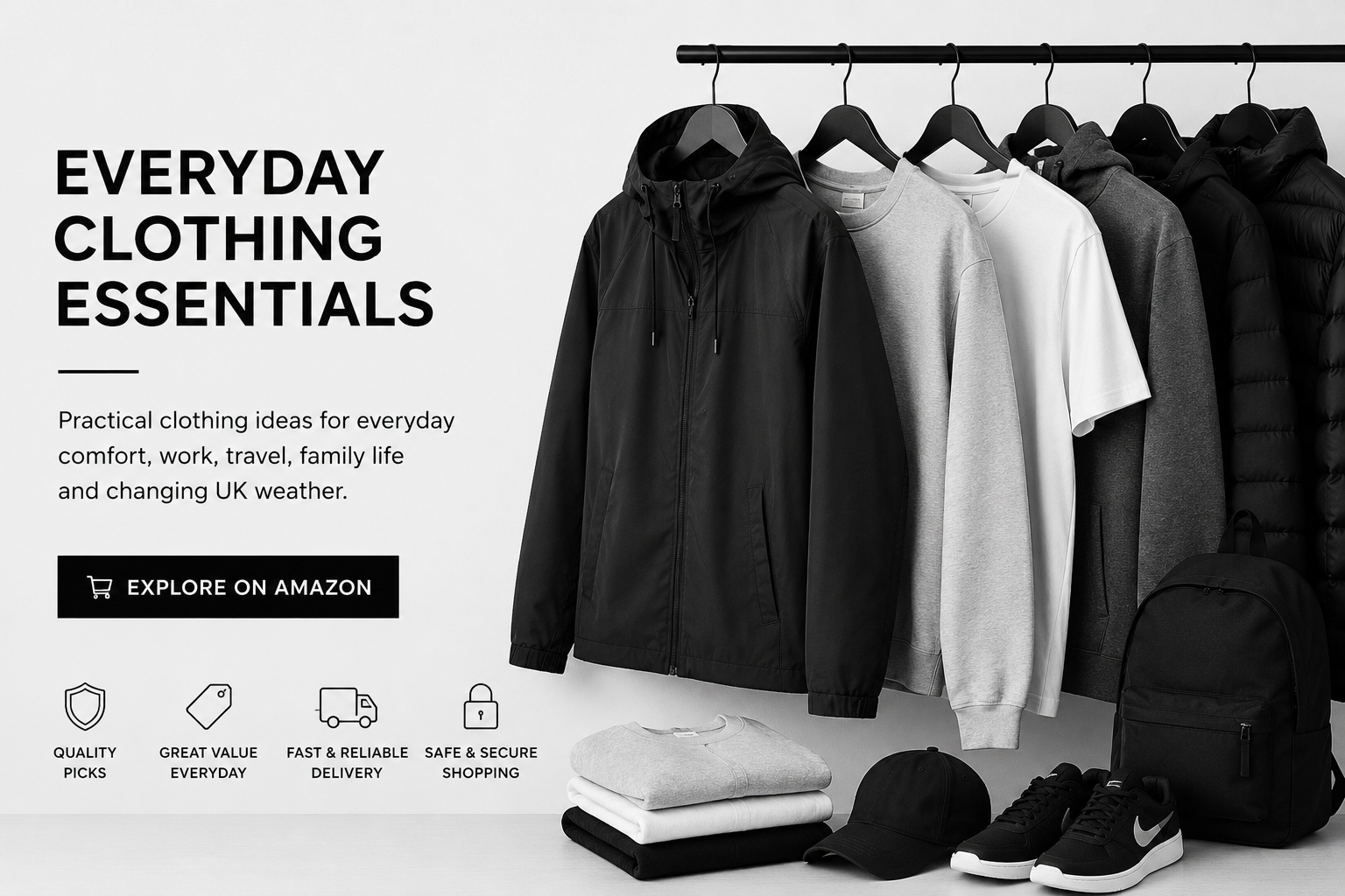 Everyday clothing essentials including jackets, hoodie, t-shirt, backpack and trainers.