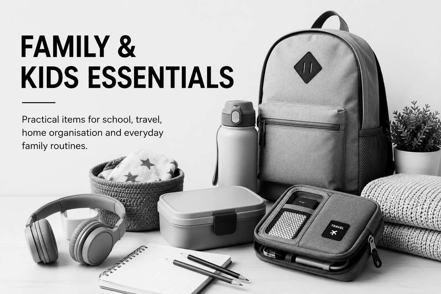 Family essentials including backpack, water bottle, lunch box, headphones and notebook.