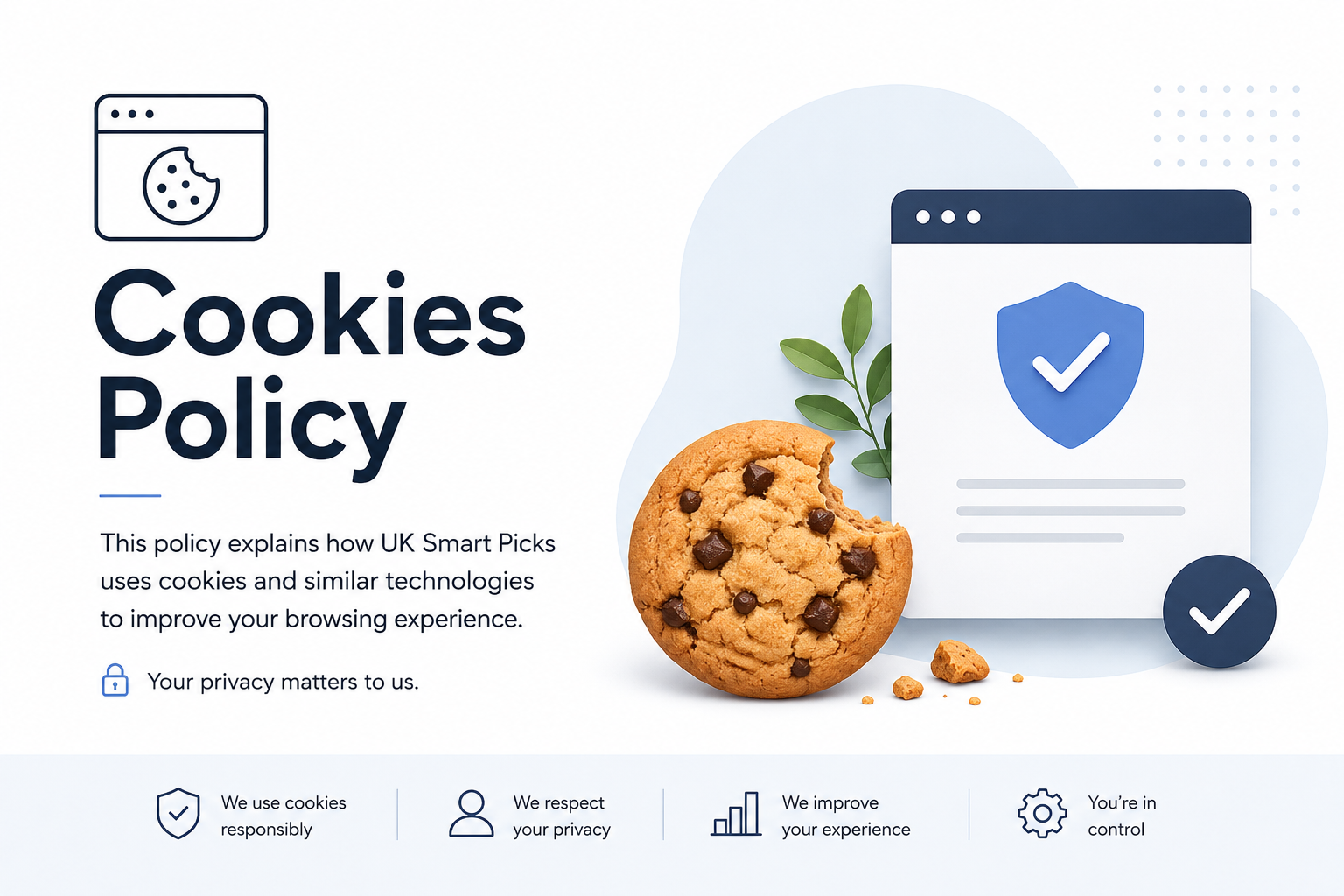Cookie Policy page with cookie, privacy shield and browser window illustration.