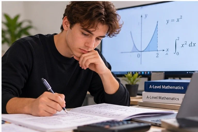 A-Level mathematics student working on calculus problems with graphs displayed on a screen.