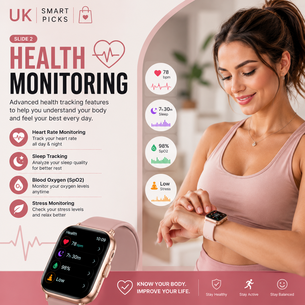 A woman in a pink sports top looking at her smartwatch displaying health tracking data, with a background of a living room and health monitoring features listed on a poster, including heart rate, sleep, oxygen levels, and stress monitoring.