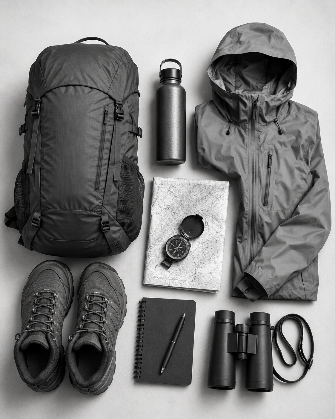 Camping and hiking gear including backpack, rain jacket, boots, map and binoculars