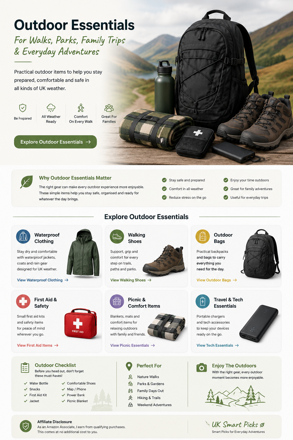 Outdoor essentials including backpack, hiking shoes, water bottle, first aid kit and power bank.
