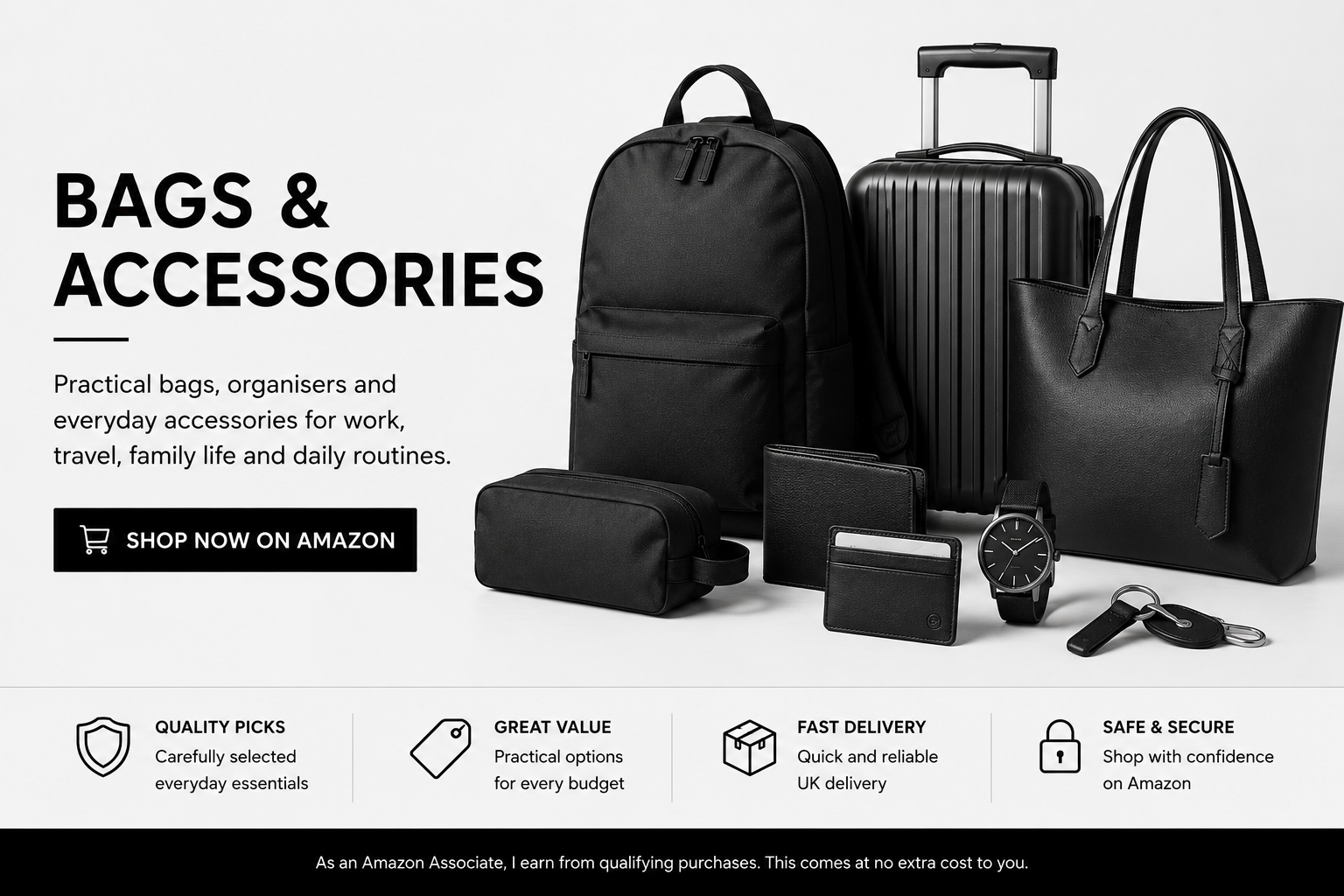 Bags and accessories including backpack, suitcase, wallet, watch and keys.