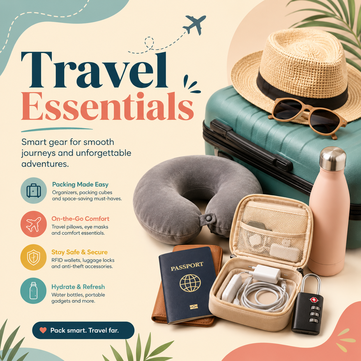 Travel essentials including a hat, sunglasses, suitcase, neck pillow, water bottle, passport, charger, suitcase lock, and small organizer with toiletries and accessories for travel.