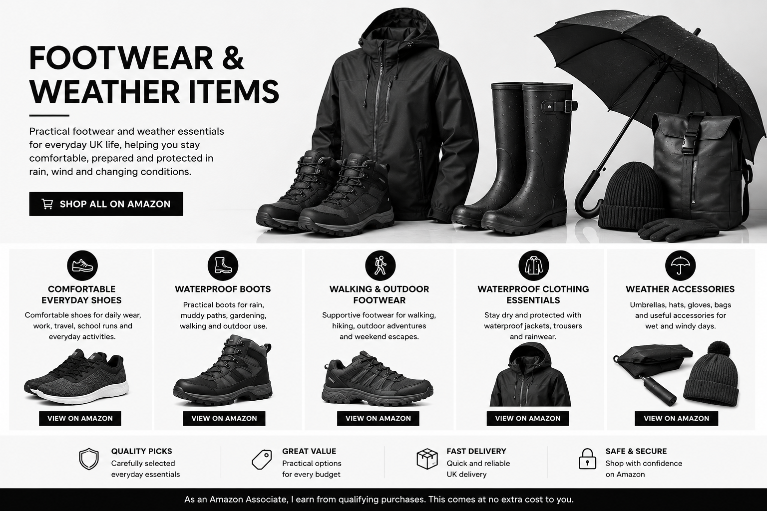 Footwear and weather essentials including boots, jacket, umbrella, beanie and gloves