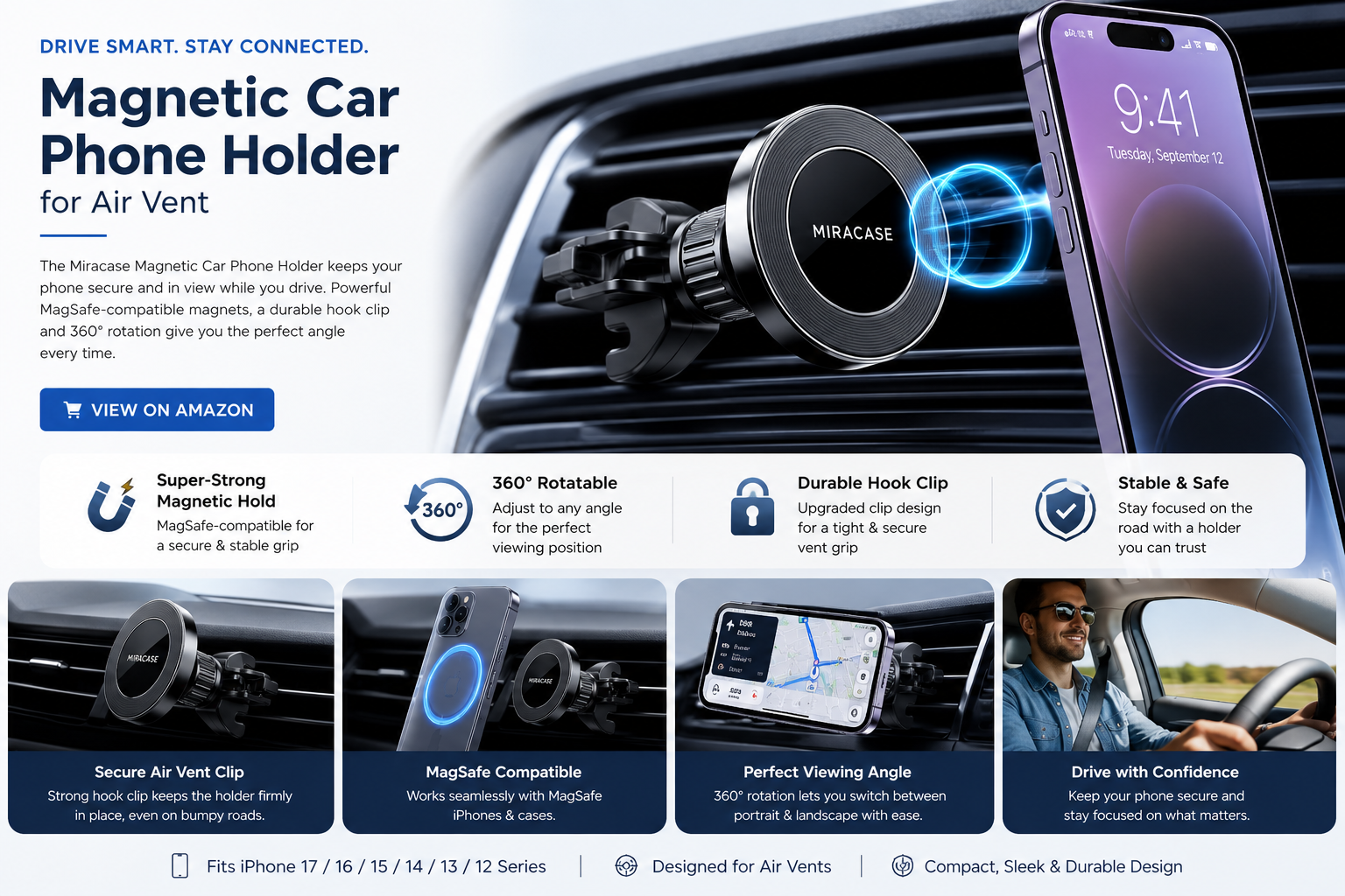 Advertisement for a magnetic car phone holder for air vents. The product features a super-strong magnetic hold, 360° rotatable and adjustable viewing angle, durable hook clip, and a secure, stable design. The ad shows the phone holder attached to a car air vent with a smartphone mounted, displaying a map, and includes icons and text explaining key features and compatibility with iPhone models.