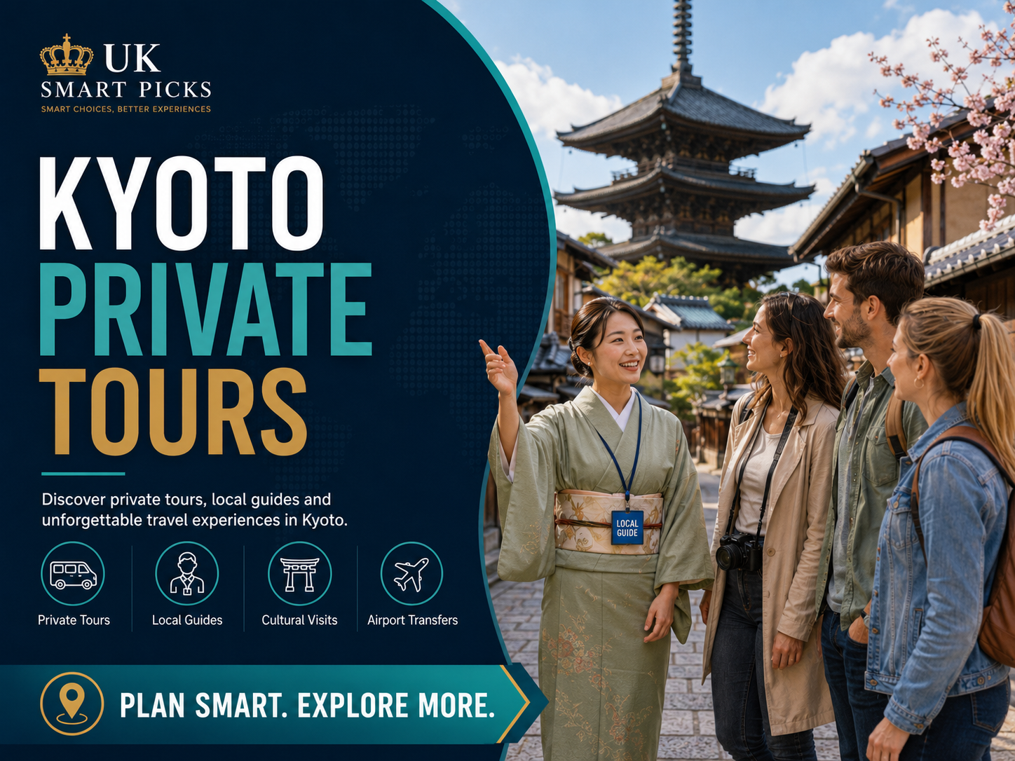 Travel advertisement for private tours in Kyoto, Japan. Features a smiling Japanese woman in traditional attire, leading a guided tour with three tourists in front of historic temples and traditional buildings, with cherry blossoms and a pagoda in the background.