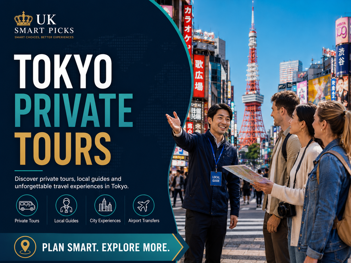 Tour guide showing a group of tourists in Tokyo's busy city streets with neon signs and Tokyo Tower in the background.