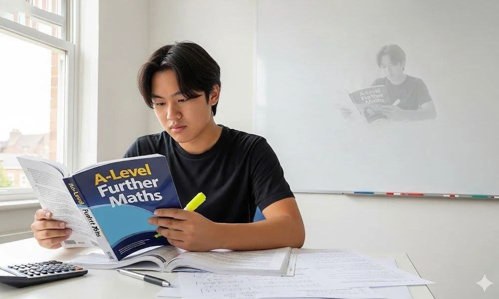 Student studying A-Level Further Mathematics using a textbook, calculator and worksheets.