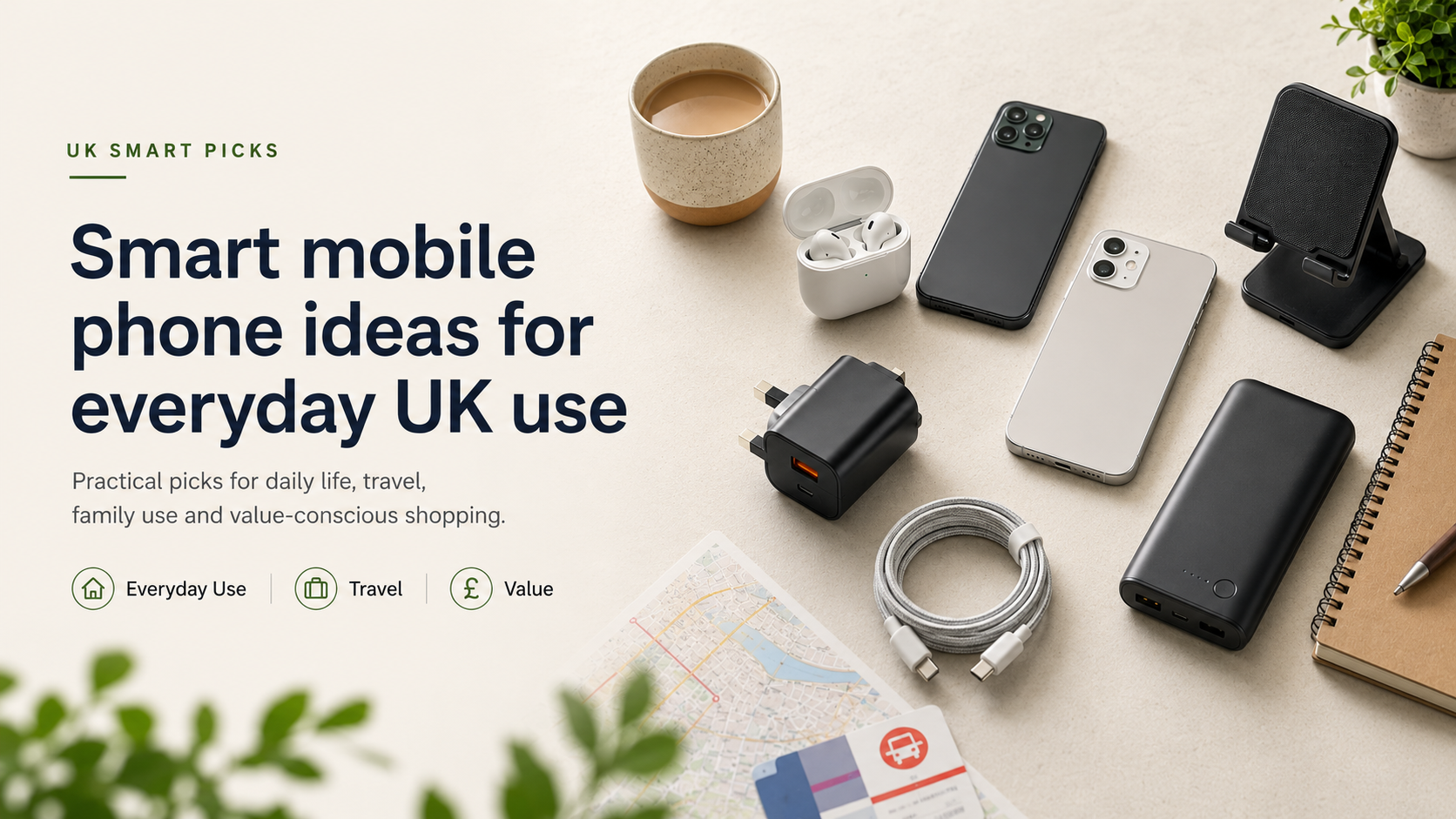Smartphone accessories including earbuds, charger, cables and power adapters.