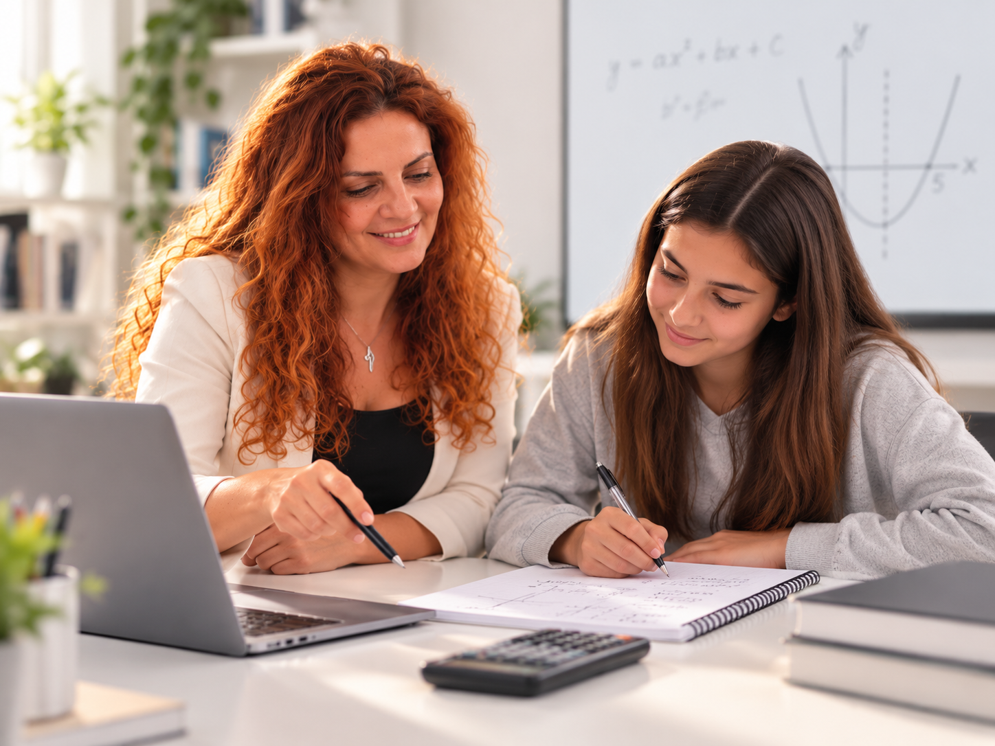 Teacher helping a student with math homework at a desk with a laptop, notebook, and calculator