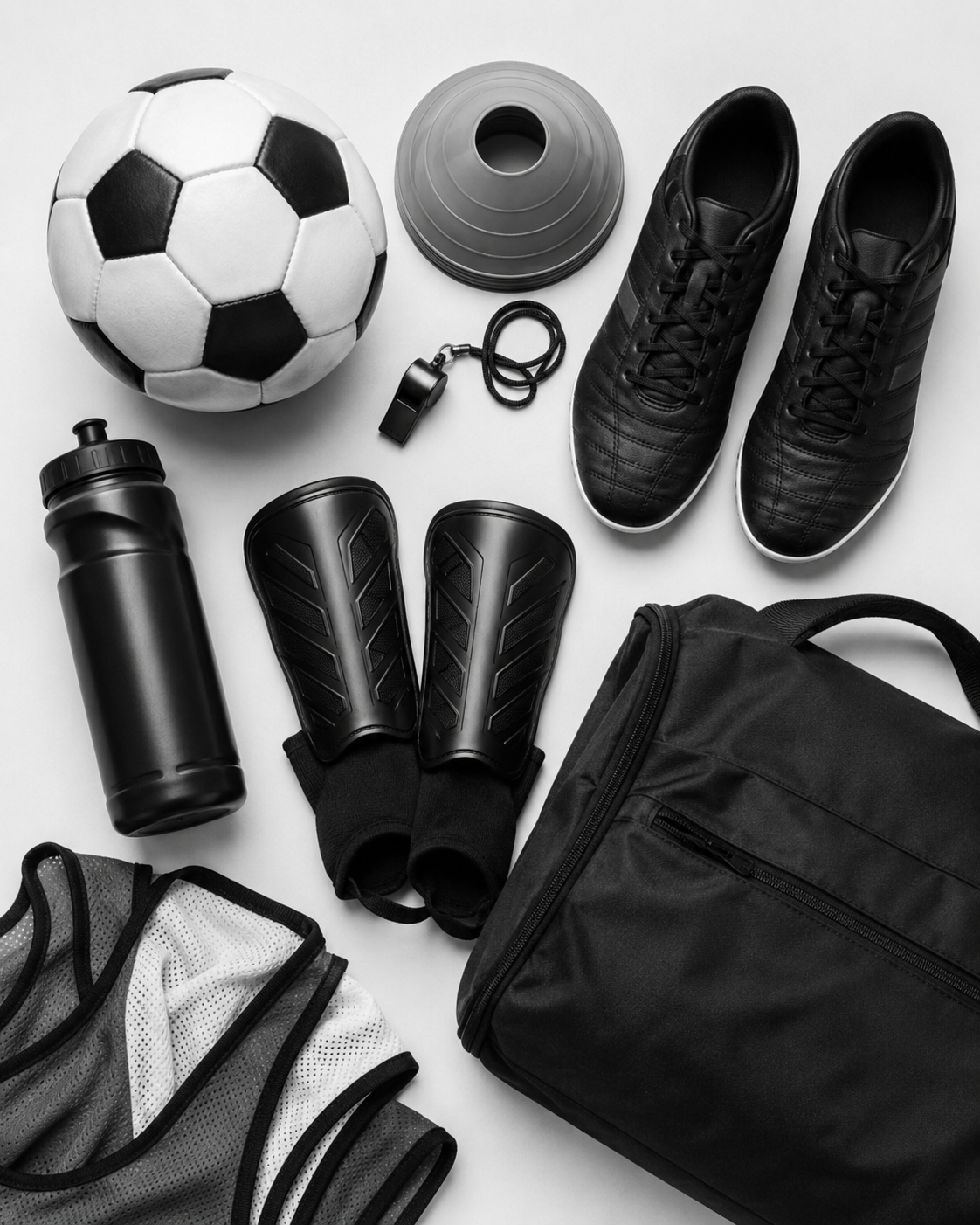 Football training gear including ball, cones, boots, water bottle and sports bag.