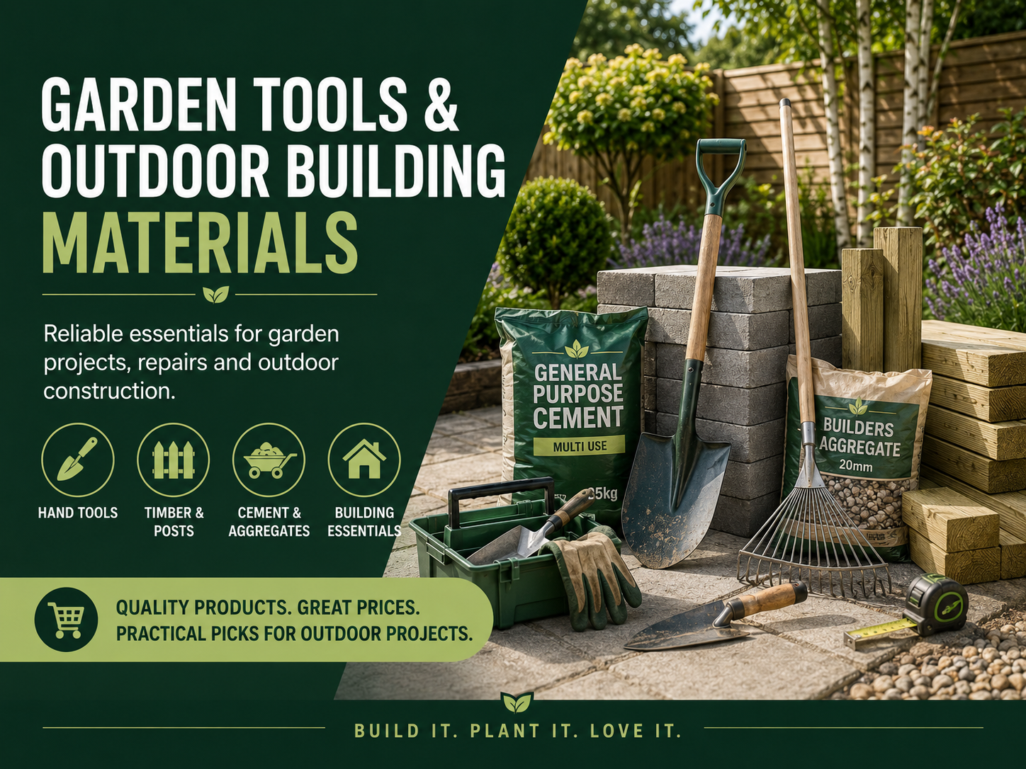 Garden tools and outdoor building materials including cement, aggregates, shovel, rake, gloves and timber.