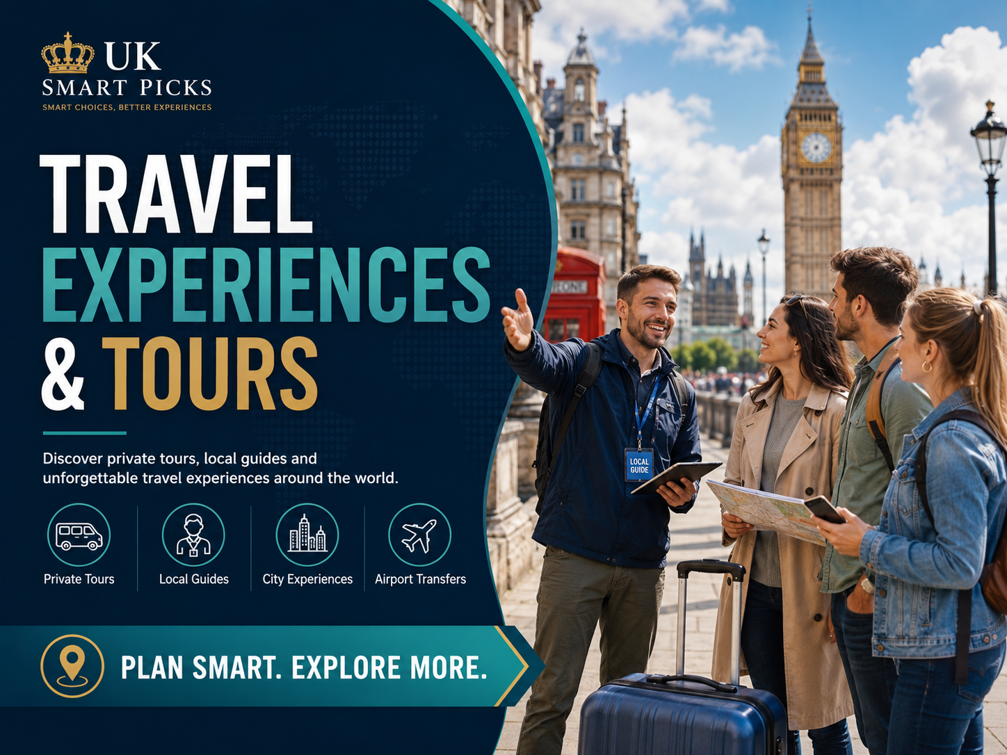A promotional poster for UK travel experiences and tours featuring an image of smiling travelers with luggage and a local guide talking in front of Big Ben in London, with text about private tours, local guides, city experiences, and airport transfers.