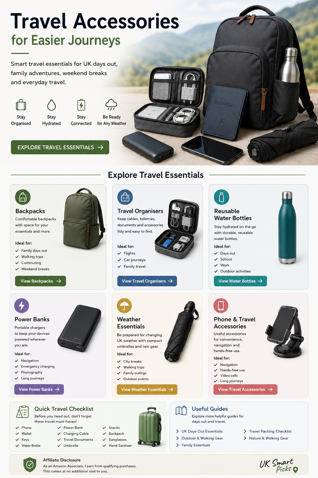 Travel accessories including backpack, organiser, water bottle, power bank and umbrella.