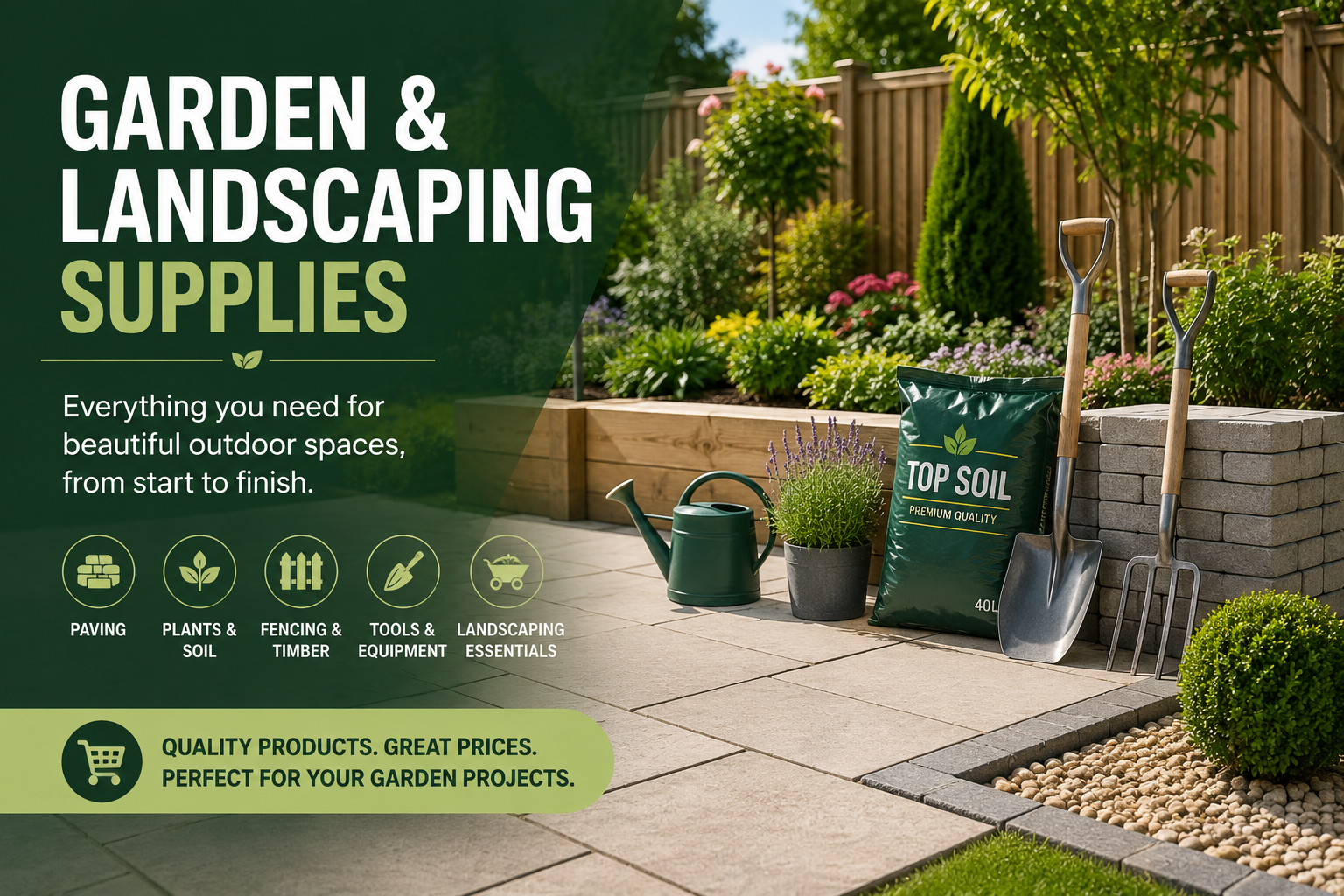 Garden patio with paving, plants, topsoil, watering can and landscaping tools.