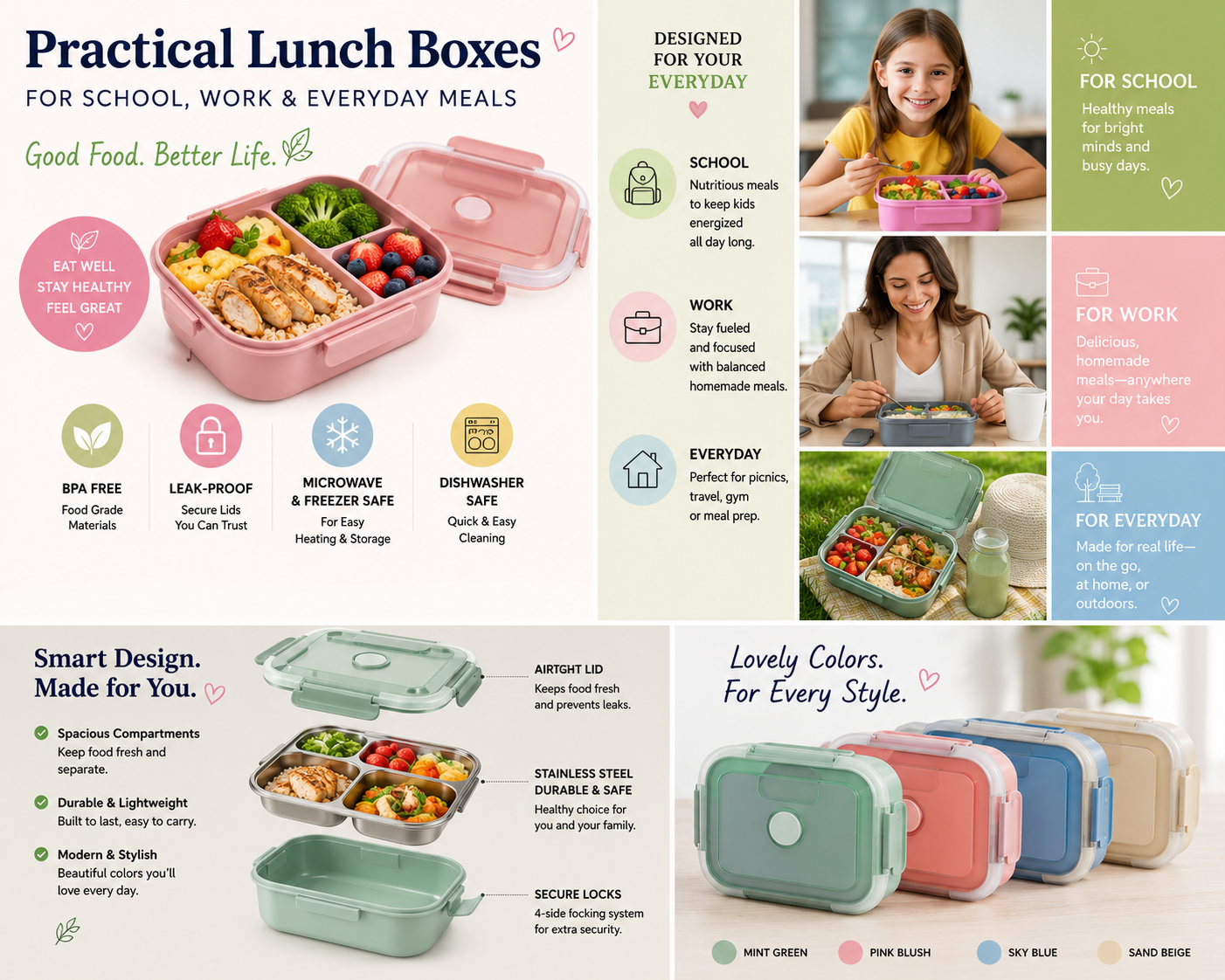 Practical lunch boxes and food containers for school, work, travel and everyday use.