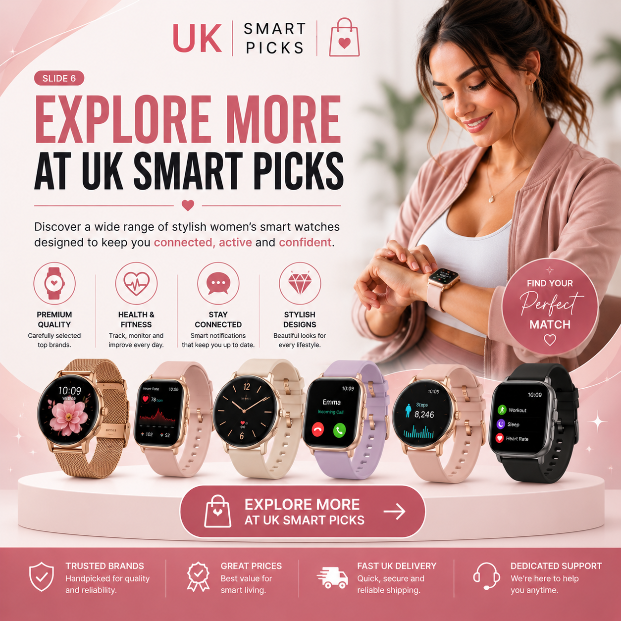 A promotional advertisement for UK smart picks featuring women’s smart watches. The ad showcases six different smart watch models on a display table, emphasizing their stylish designs, health and fitness tracking, and connection features. The ad highlights benefits such as premium quality, health and fitness, staying connected, and stylish designs. A woman in a pink jacket wearing one of the smart watches is checking the time on her smartwatch. The ad includes calls to action to explore more at UK smart picks and mentions trusted brands, great prices, fast delivery, and dedicated support.