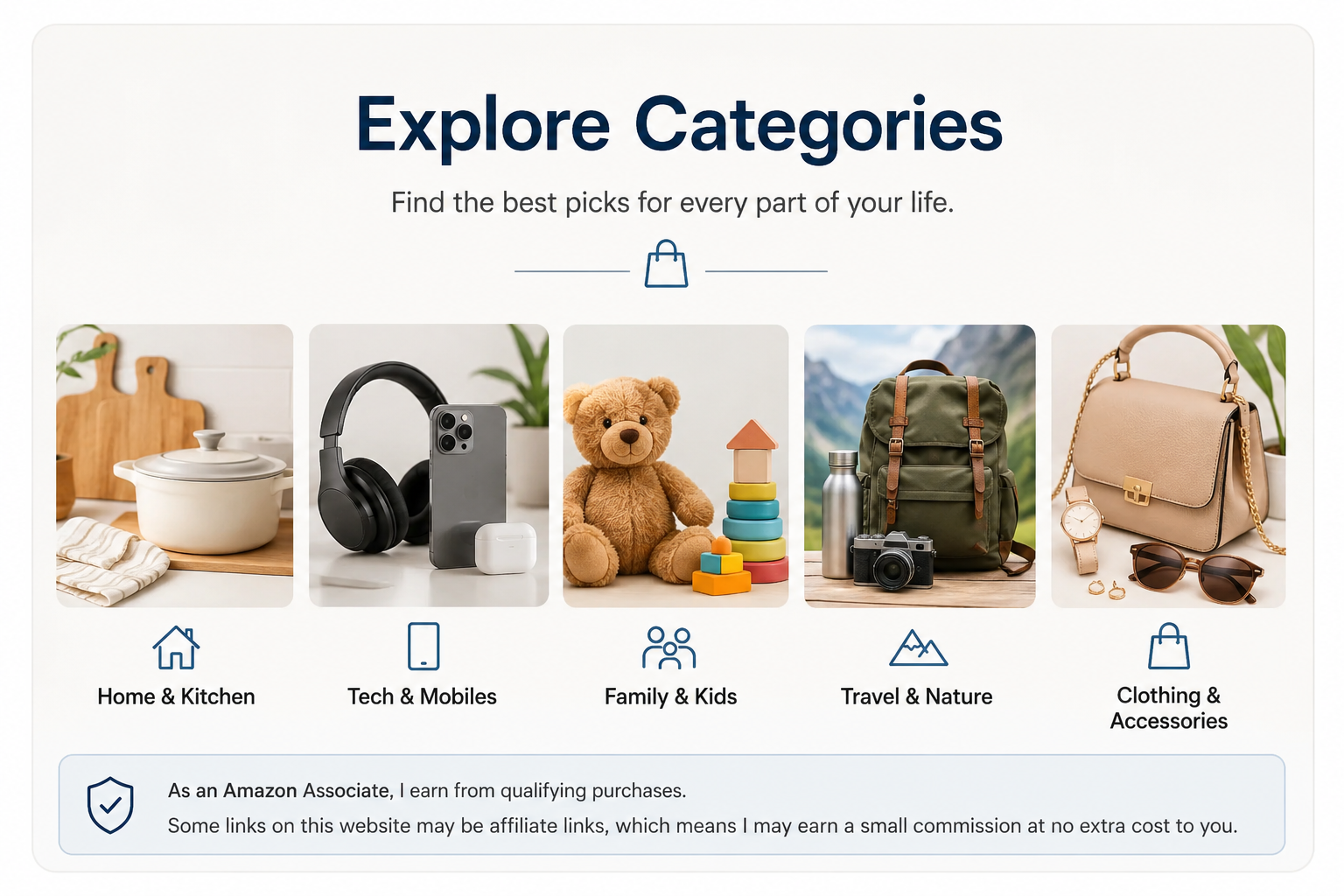 Explore product categories including home, tech, travel, family and clothing essentials.