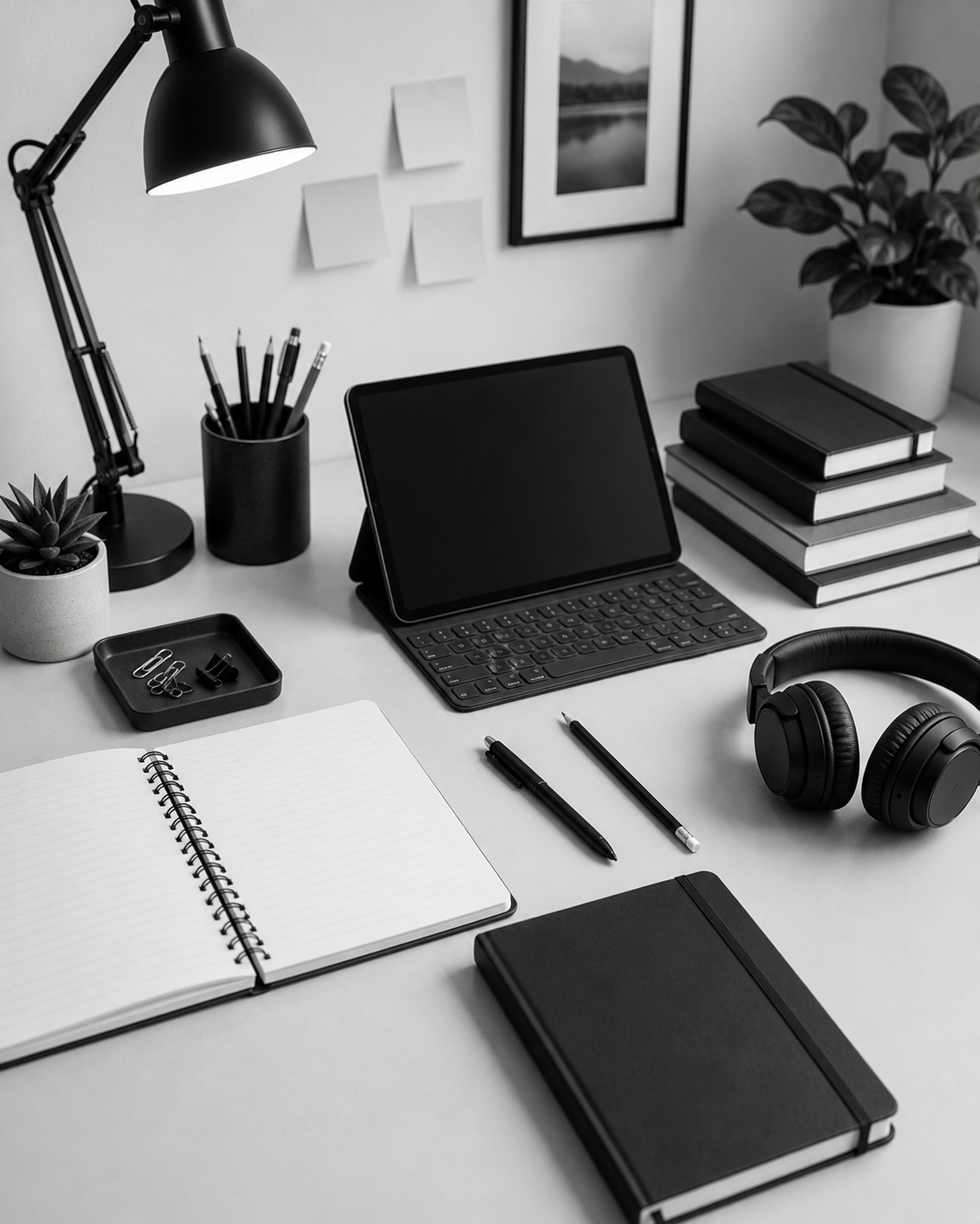 Study desk with tablet, keyboard, notebooks, headphones, pens and plants.