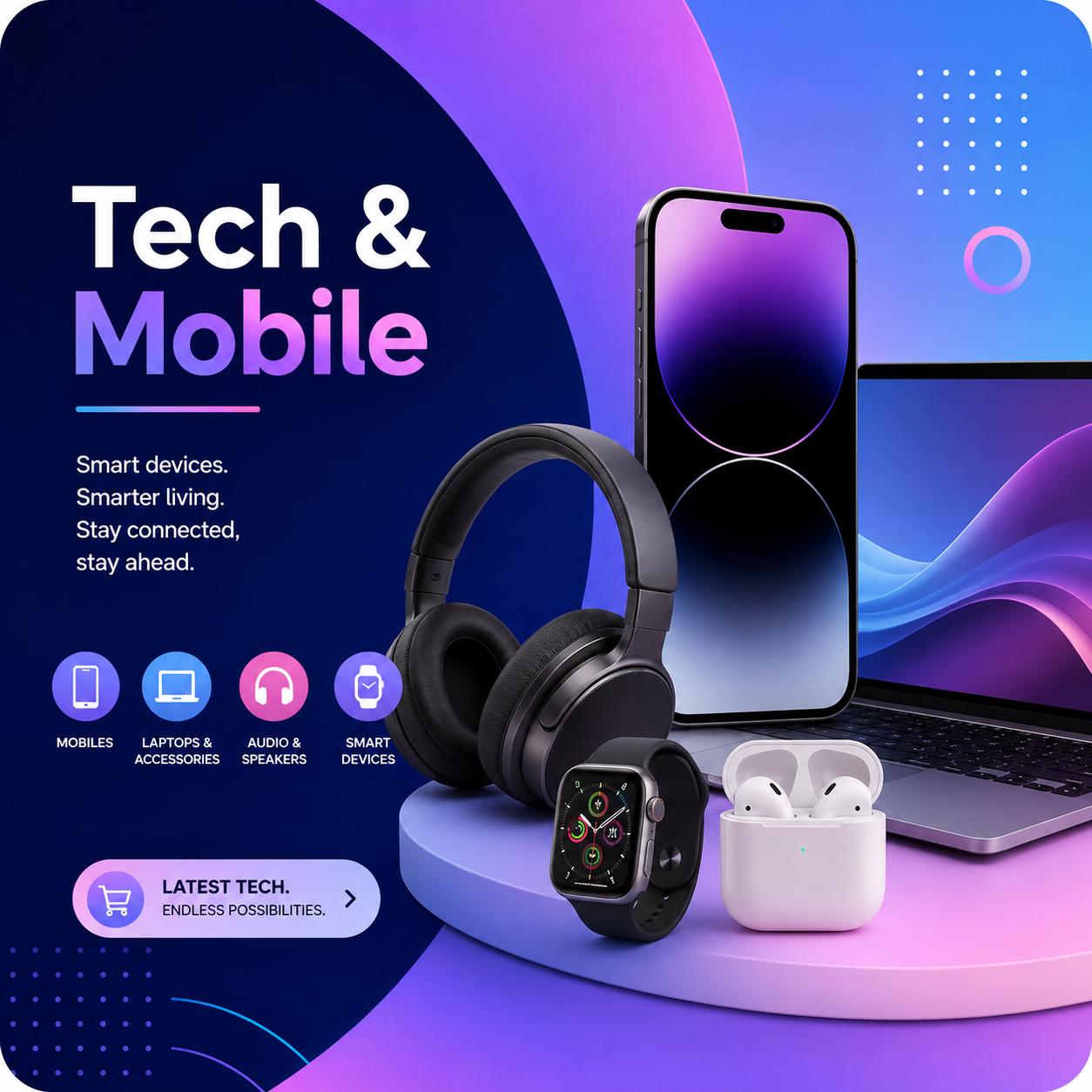 Advertisement for tech and mobile devices, featuring smartphones, headphones, a smartwatch, and wireless earbuds on a vibrant gradient background.