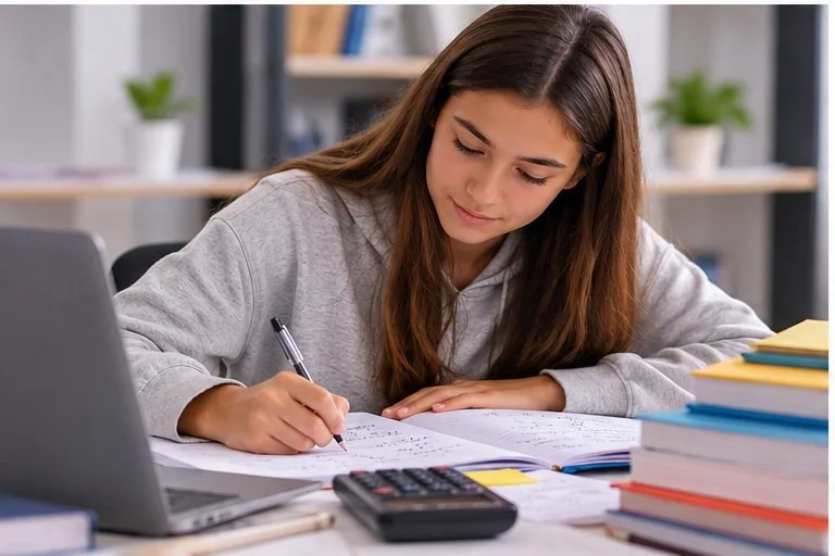 Teenage student studying mathematics using a notebook and textbooks.