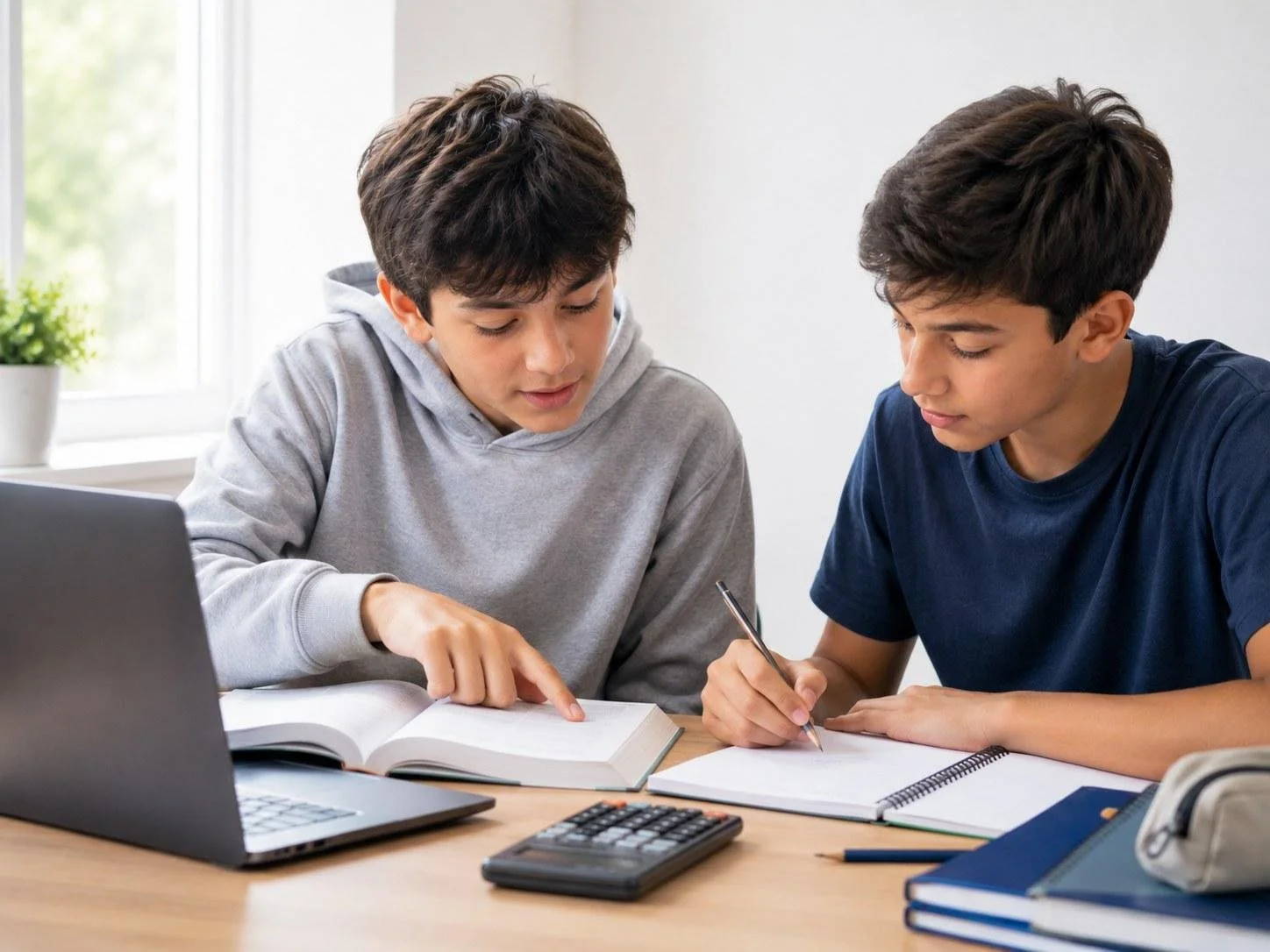 Two secondary school students studying mathematics together with textbooks, a notebook and a calculator.