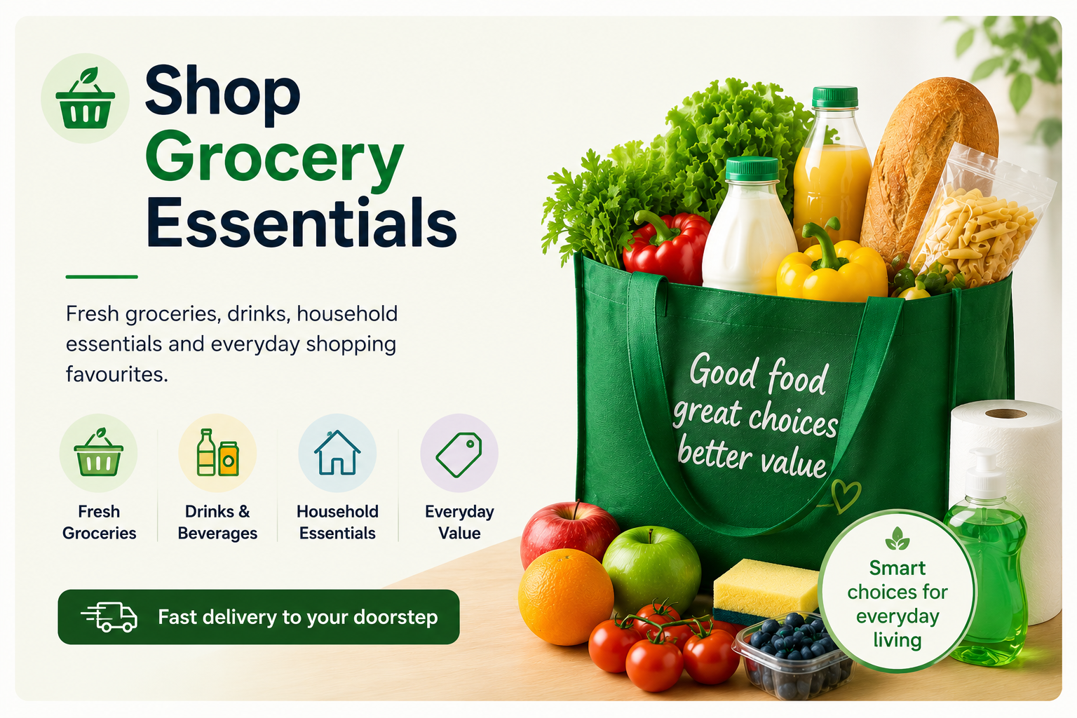 Green grocery shopping bag filled with fresh vegetables, fruits, bread, juice, and pasta, next to apples, oranges, tomatoes, blueberries, paper towels, soap, and a sign that says 'Smart choices for everyday living'