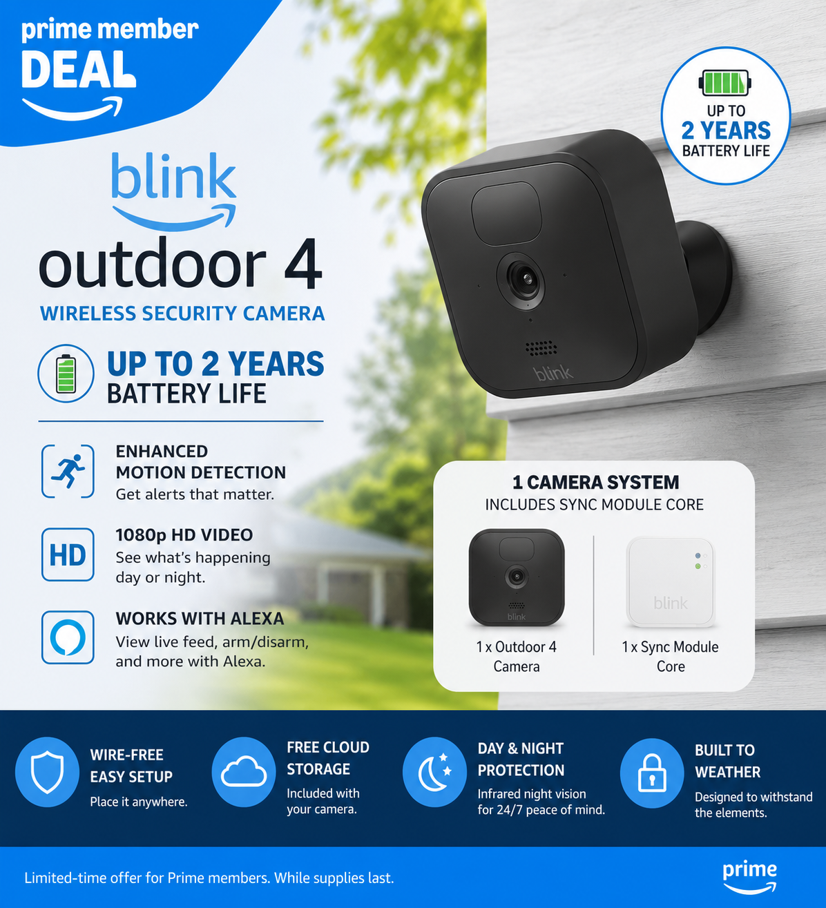 Packaging for Blink Outdoor 4 Wireless Security Camera, showing features like up to 2 years battery life, enhanced motion detection, 1080p HD video, Alexa compatibility, and included sync module core, with icons representing weather resistance, cloud storage, night vision, and easy setup.