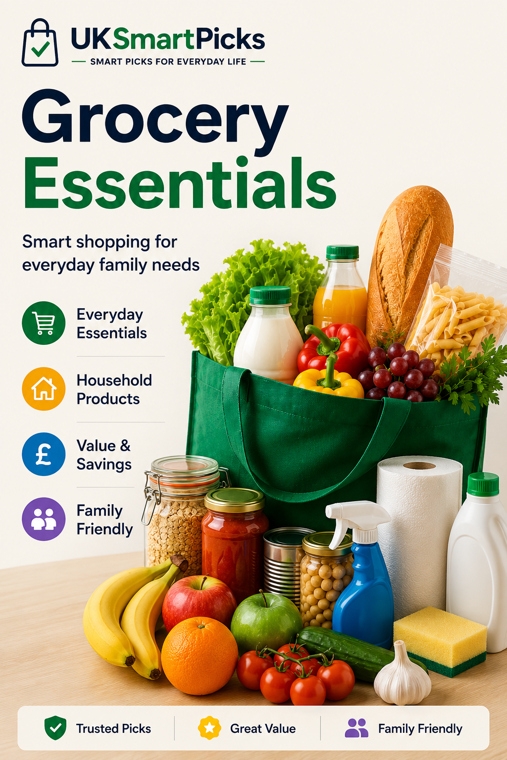 Grocery essentials including vegetables, fruit, bread, milk, juice and household cleaning items.