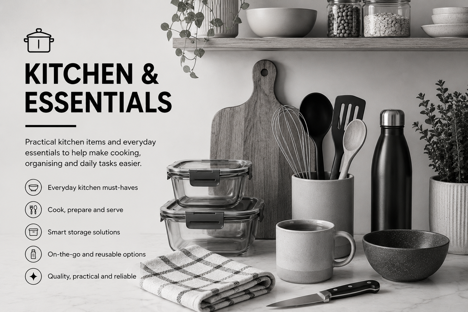 Kitchen essentials including utensils, storage jars, bowls, a mug and a potted plant.