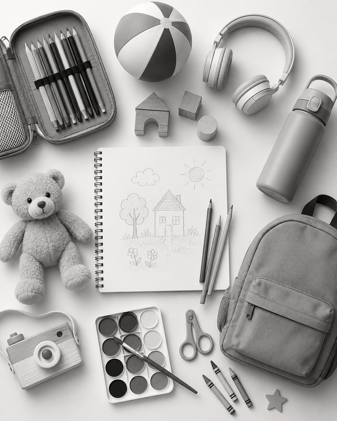 Children's art and school supplies including teddy bear, markers, paints and backpack.