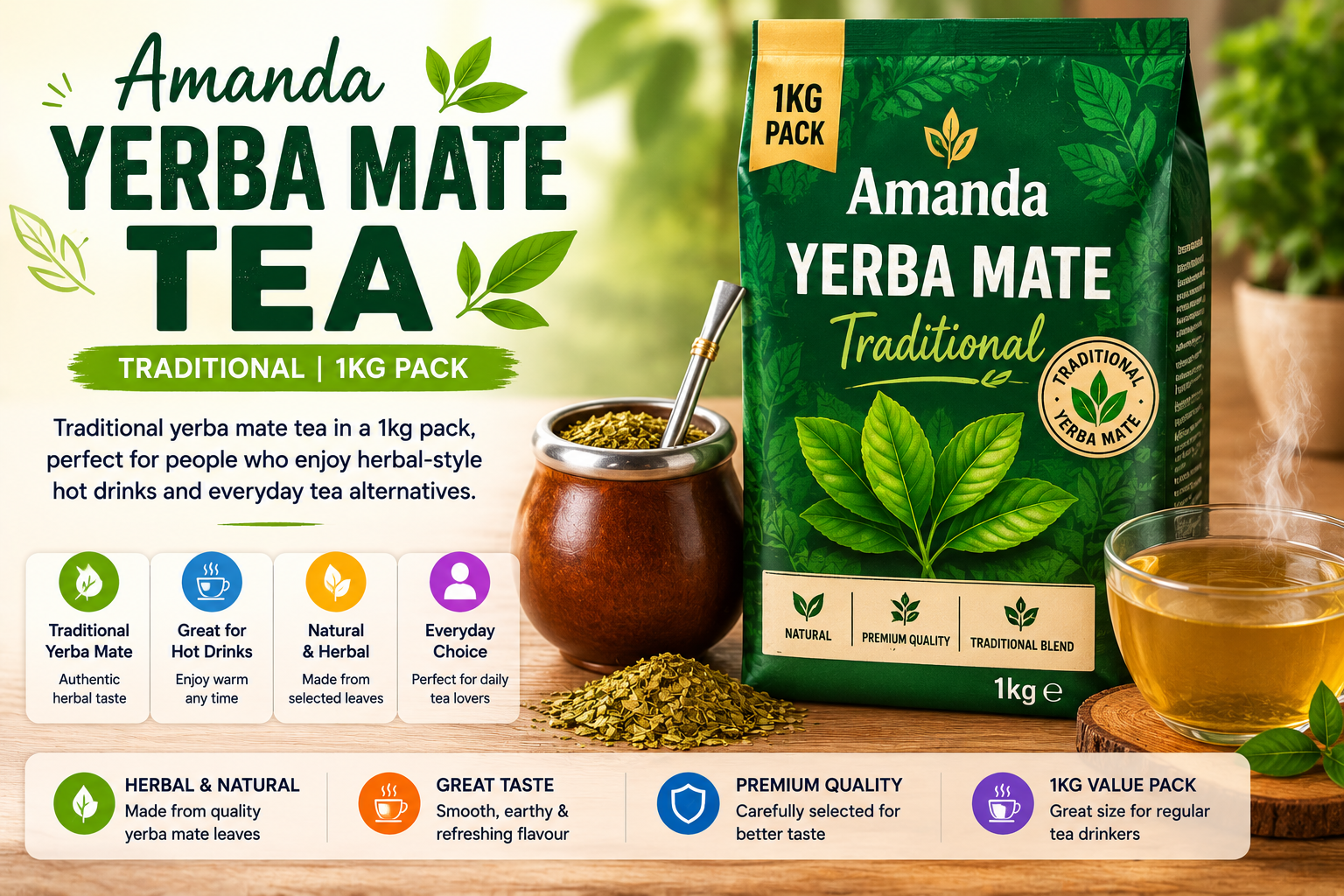 A package of Amanda Yerba Mate Traditional tea with a green design, leaves illustration, and a transparent glass cup of brewed yerba mate tea steaming. The package mentions it is a 1 kilogram pack and emphasizes natural, herbal, and premium quality features.