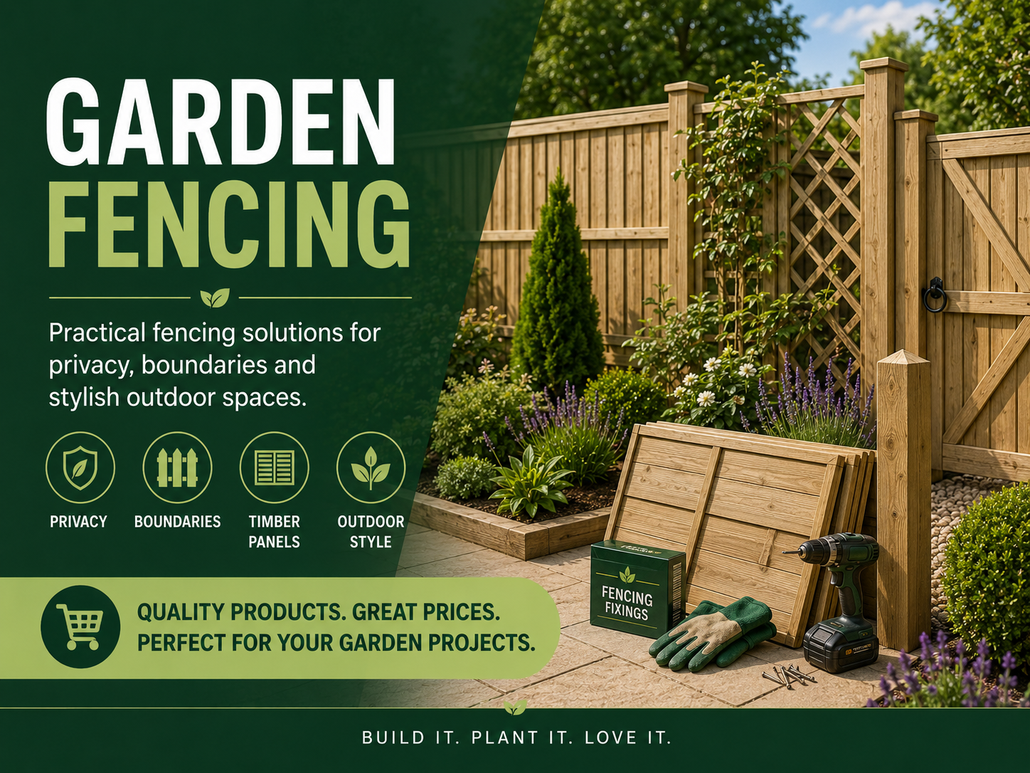 Garden fencing with wooden panels, posts, tools, gloves and fencing fixings