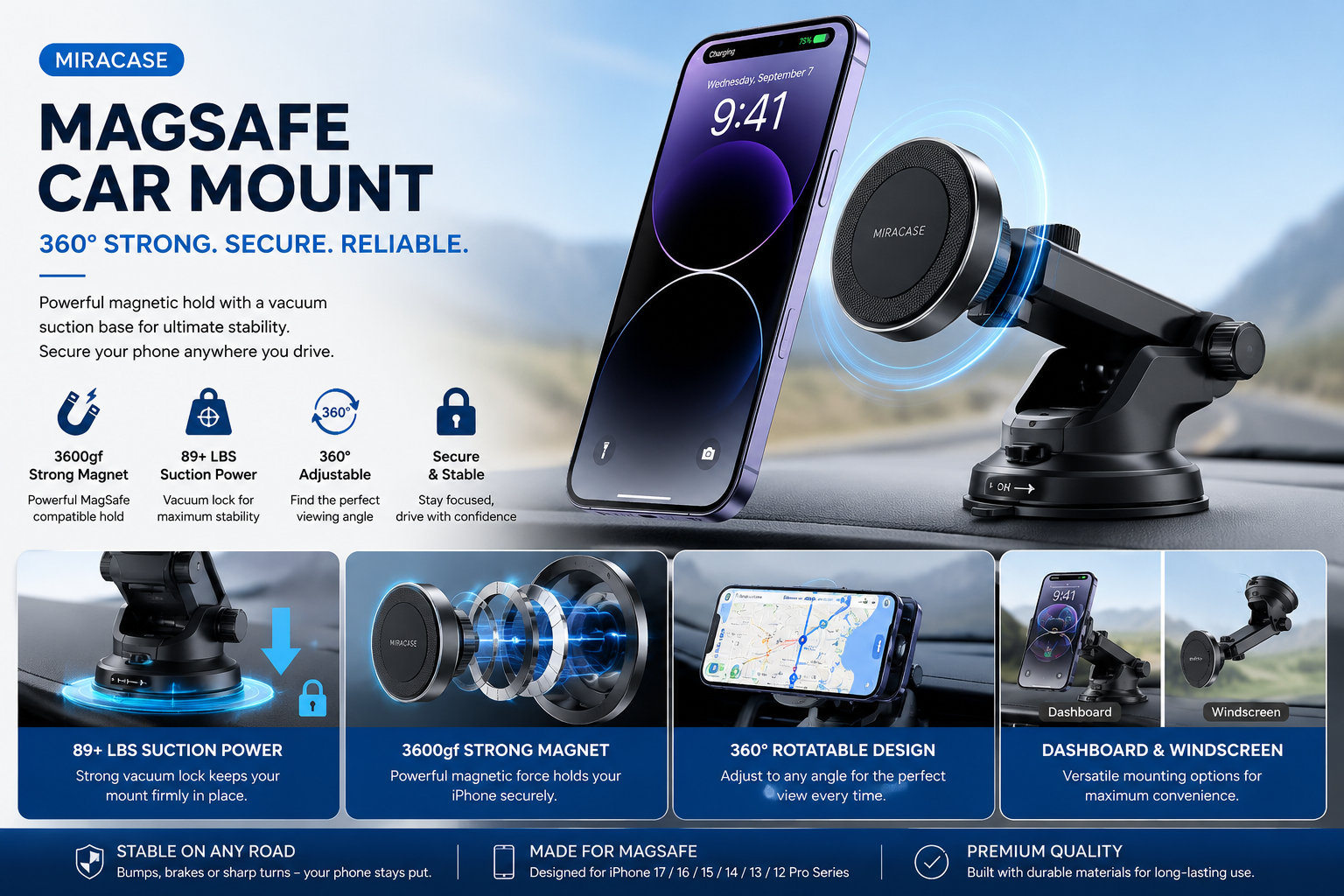 Advertisement for the Miracase MagSafe car mount showing a smartphone attached to the mount on a car dashboard with bullet points about its features, including strong magnet, suction power, adjustable 360-degree rotation, and secure stability.