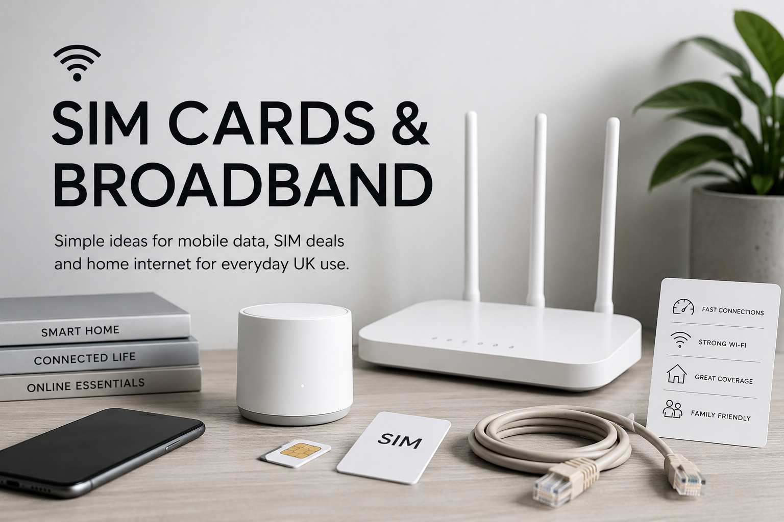 SIM cards, broadband router, smartphone and Ethernet cable for home internet.