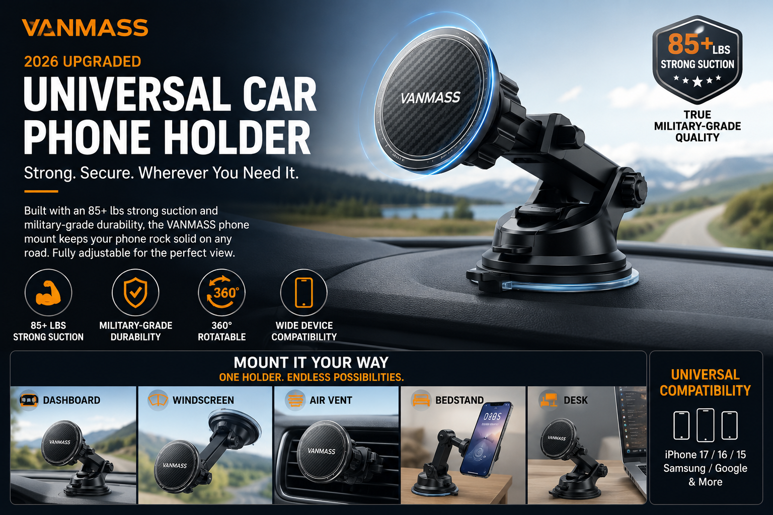 Advertisement for VANMASS universal car phone holder featuring a black, round, carbon fiber design with blue glow, mounted on a car dashboard, emphasizing strong suction, durability, 360-degree rotation, and wide compatibility with devices like iPhone, Samsung, and Google.